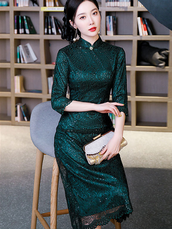 Elegant Green Sequined A-Line Cheongsam QiPao Dress for Women | Traditional Chinese Qipao Dress | Perfect for Weddings, Parties & Special Occasions