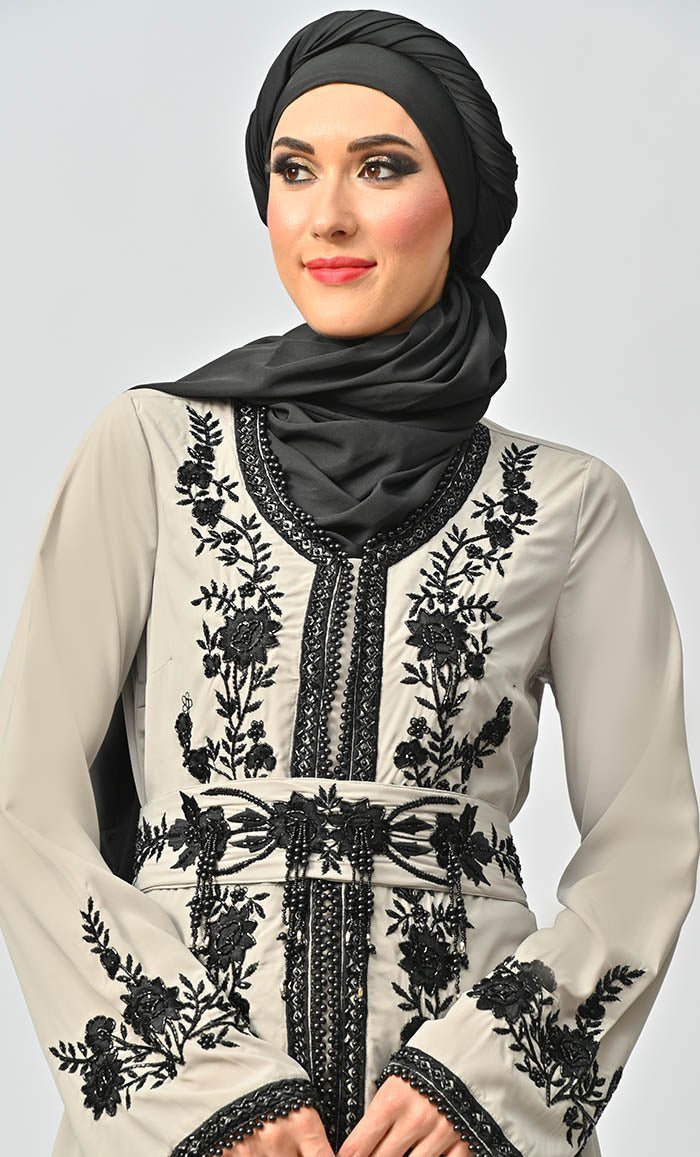 Elegant Mexico Style Sequins & Zari Embroidered Abaya with Hijab Belt & Pockets - Perfect for Eid, Weddings & Special Occasions