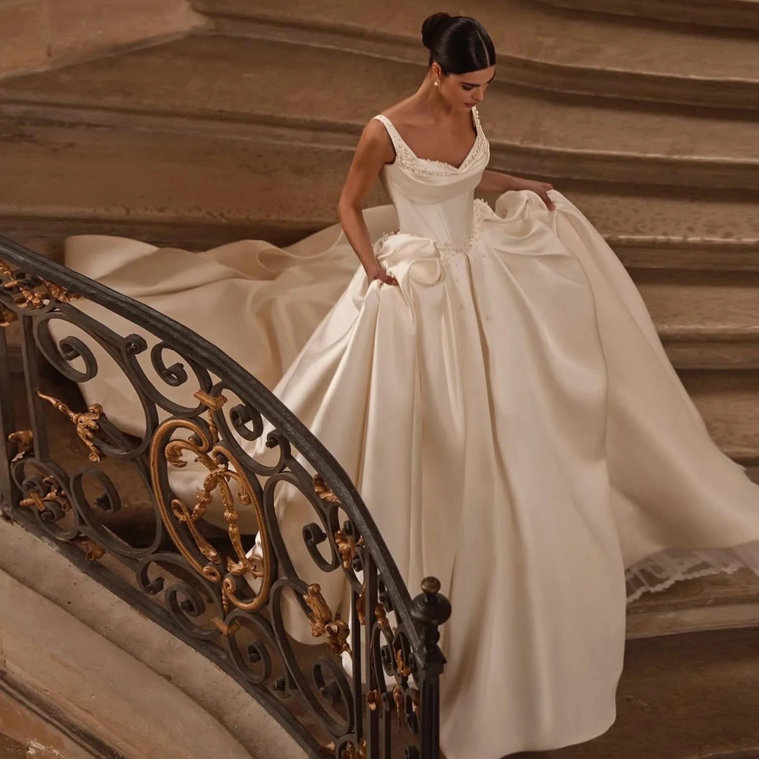 Sweetheart Off Shoulder Ball Gown Wedding Dress with Pearl Details - Court Train, Princess Silhouette | Perfect for Bridal, Formal Events & Fairy Tale Weddings