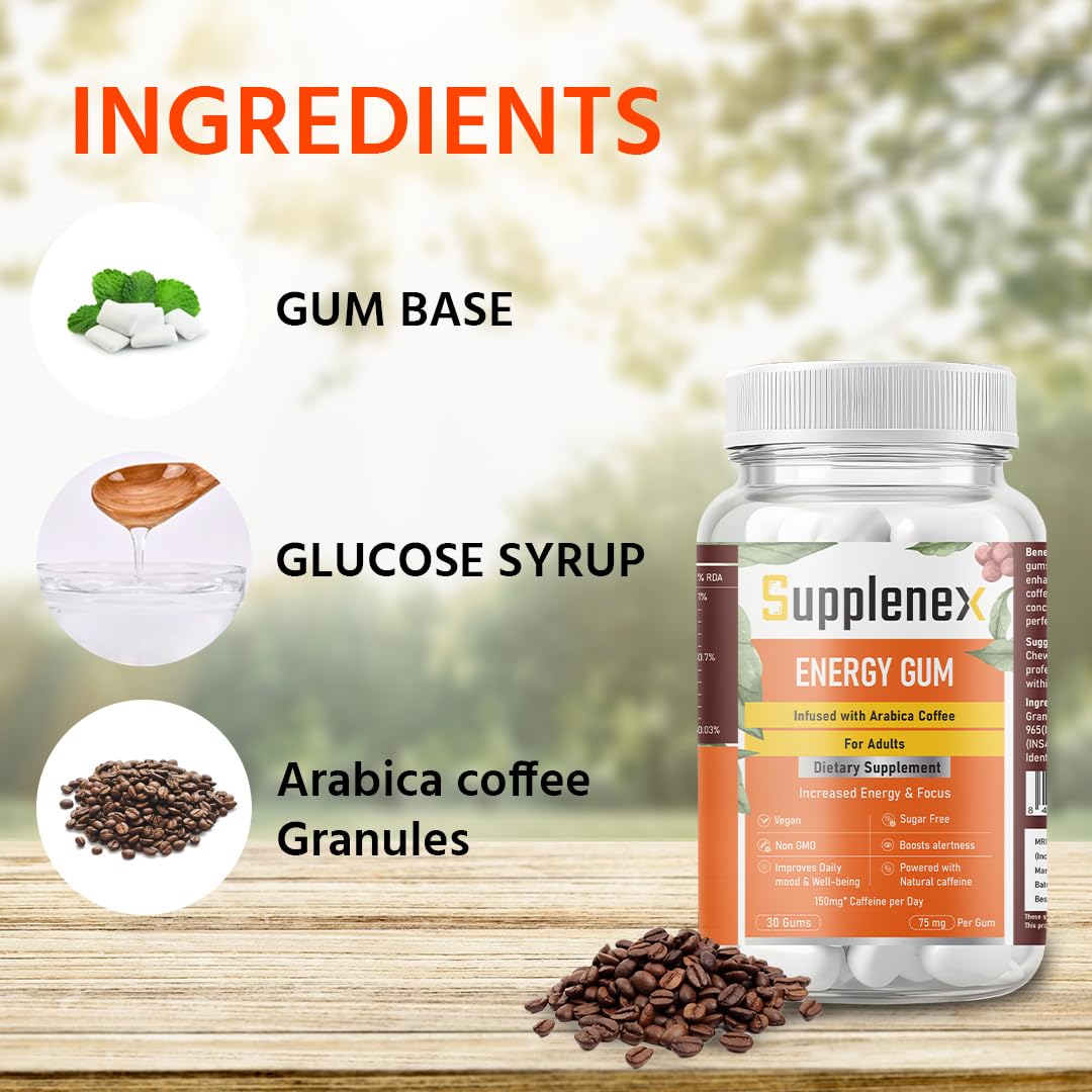 Supplenex Energy Gum - Caffeine Infused Chewing Gum for Men & Women | Sugar-Free Arabica Coffee Energy Boost | Pack of 30 Power Gummies | Perfect for Workouts, Study & Long Drives