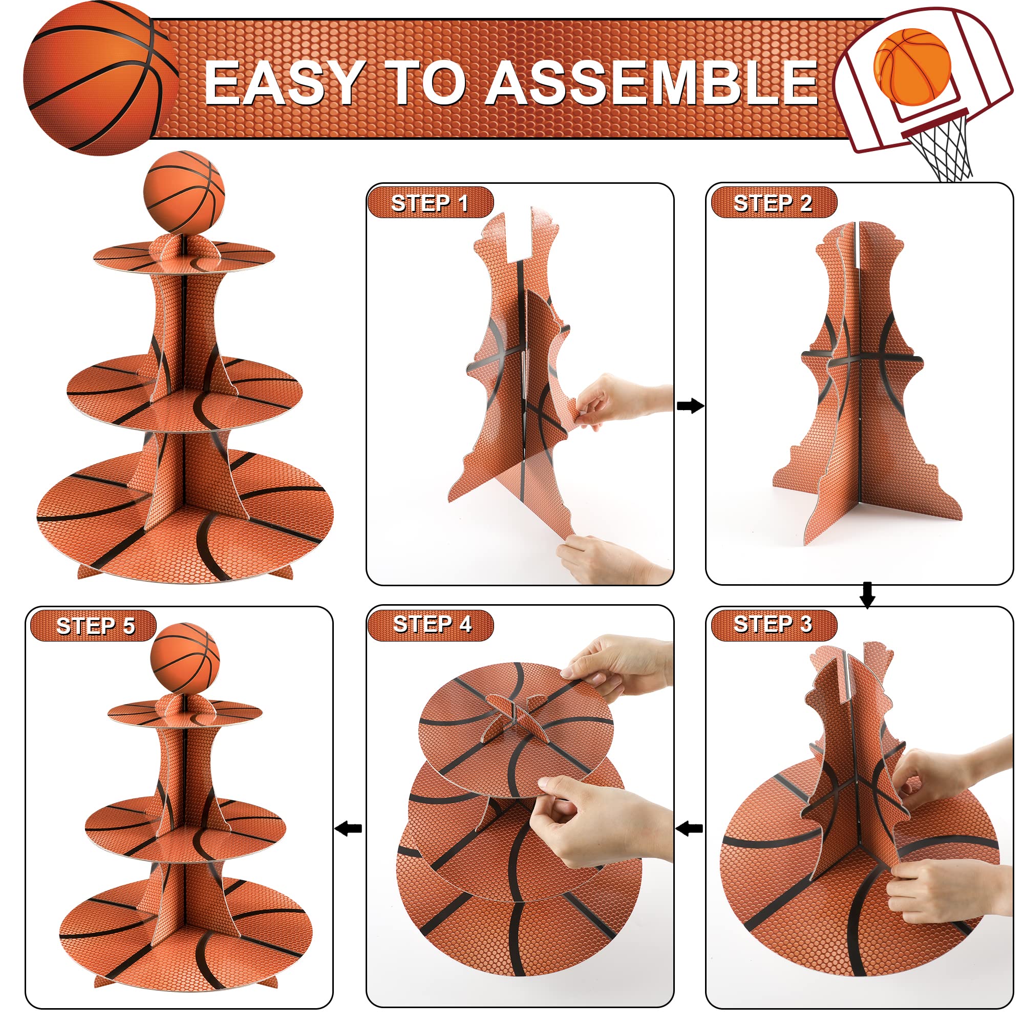 3-Tier Round Cardboard Cupcake Stand with Baseketball Theme - Holds 24 Cupcakes, Includes Toppers & Wrappers - Perfect for Sports Birthday Parties, Game Day Decorations & Basketball Themed Events