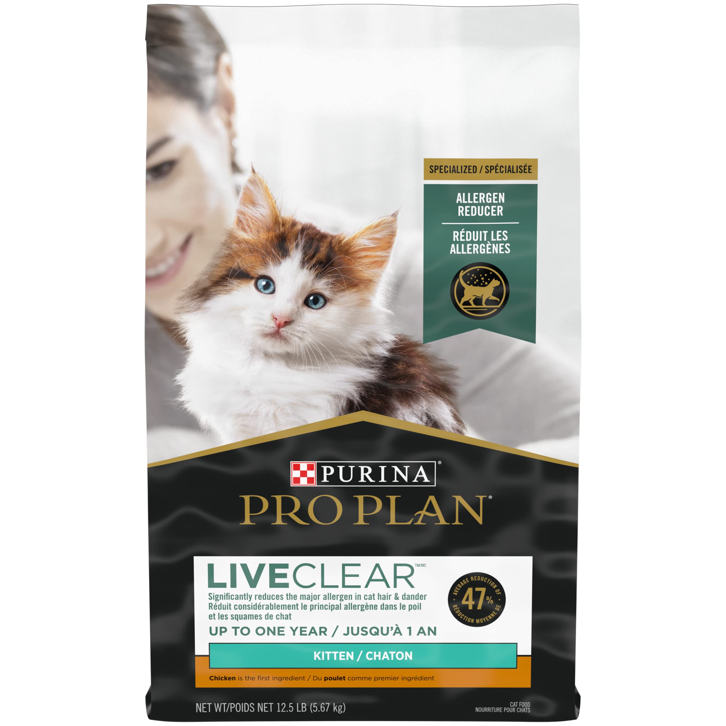 Purina Pro Plan LiveClear Dry Cat Food for Kittens - Chicken & Rice Formula, 12.5 lb Bag | Hypoallergenic Kitten Food for Allergy Relief | Perfect for Indoor Kittens & Multi-Cat Households