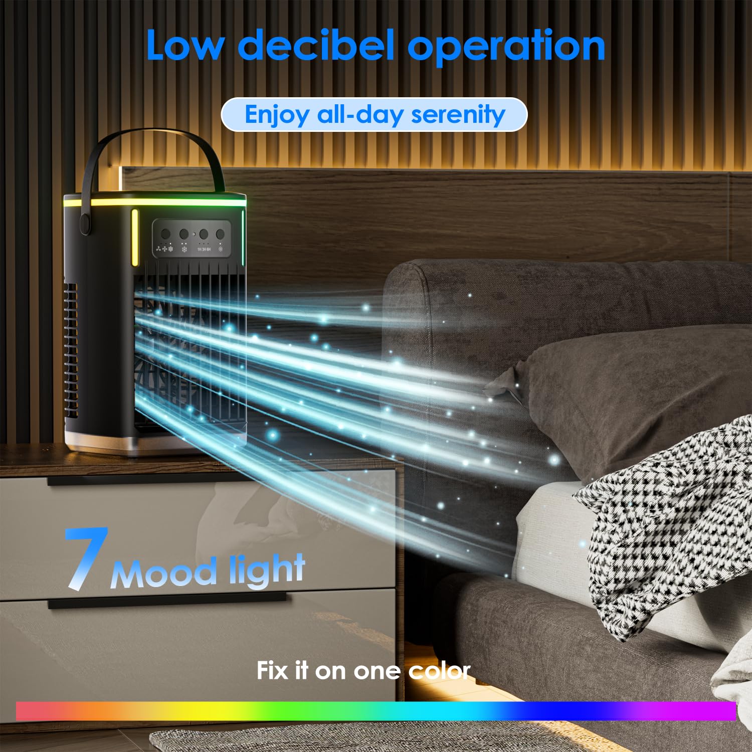 Portable Air Conditioner Fan with Remote - 1500ML Evaporative Air Cooler, 3 Wind Speeds, 7 LED Lights, 3 Cool Mist Modes & 2-8H Timer - Personal Cooling Fan for Bedroom, Office, Home Use