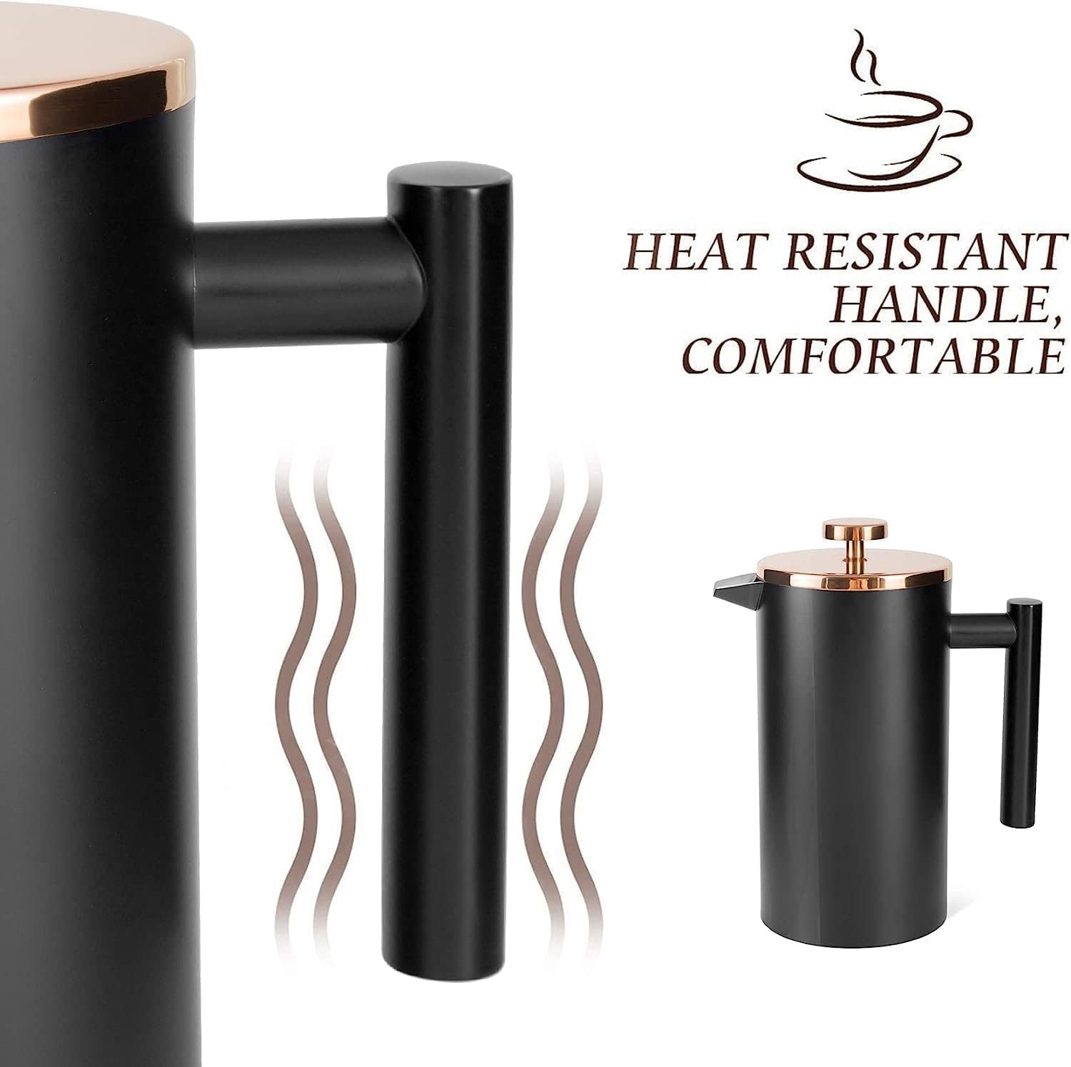 Premium Stainless Steel French Press Coffee Maker - 21Oz Double Wall Insulated with 3-Level Filtration System | Includes 4 Filters & Metal Spoon | Ideal for Home, Office & Camping Use