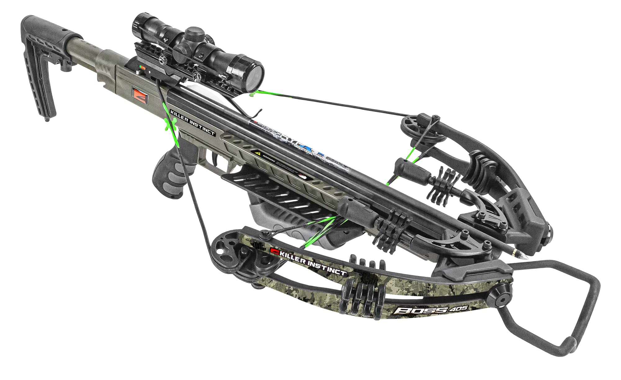 KILLER INSTINCT Boss 405 Crossbow Pro Package with 4x32 IR-W Scope, Rope Cocker, String Suppressors, 3-Bolt Quiver, 3 Hypr Lite Bolts & Field Tips - Hunting Gear for Deer, Target Practice & Outdoor Sports