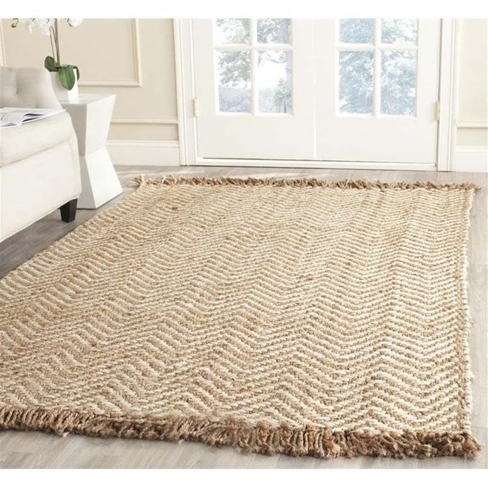 SAFAVIEH Handmade Jute Area Rug 8' x 10' - Natural & Bleach Chevron Design with Fringe, Eco-Friendly Fiber for Living Room, Bedroom, Dining Room | Durable for High Traffic Areas & Home Decor