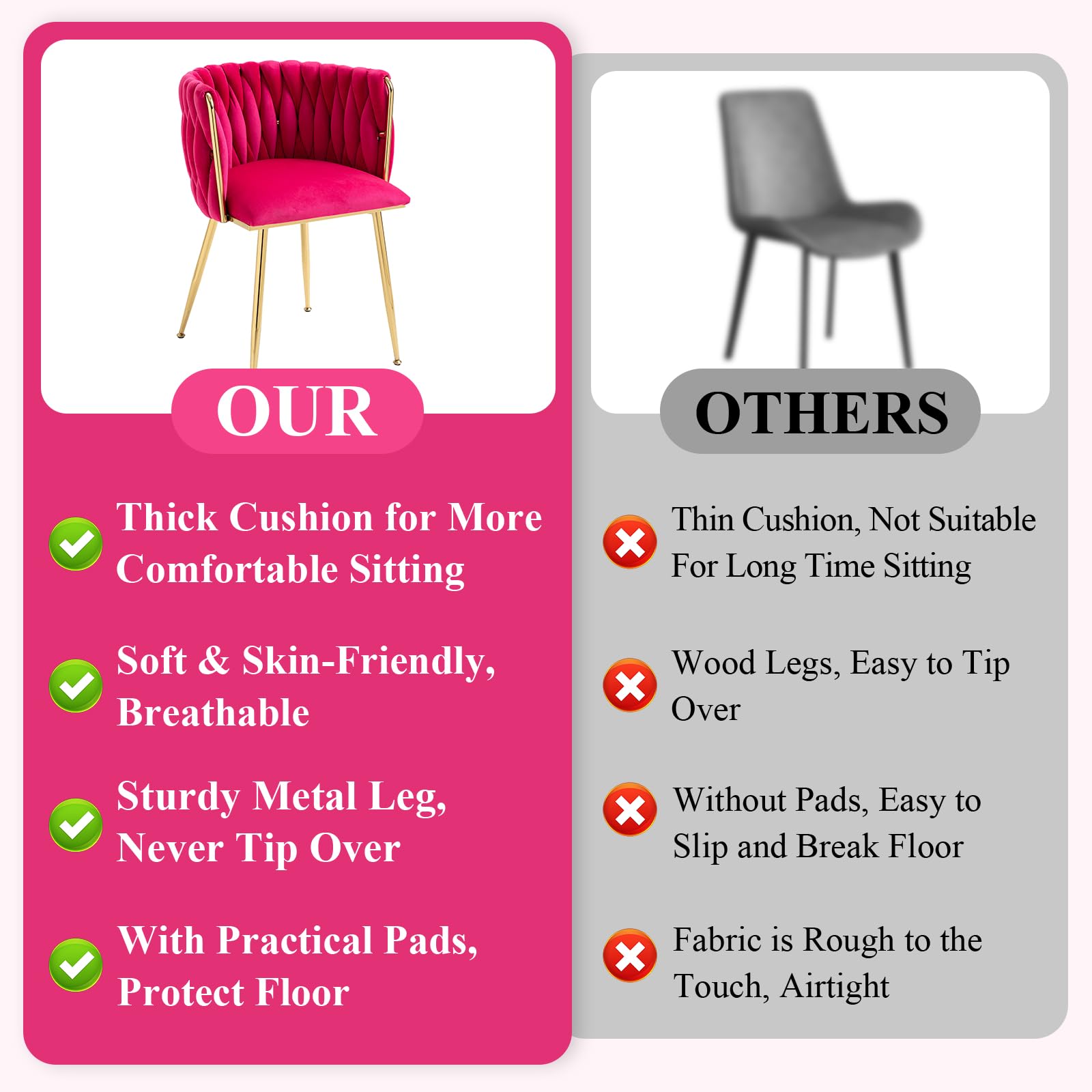 NIOIIKIT Modern Velvet Dining Chairs Set of 2 - Handwoven Upholstered Accent Chairs with Golden Metal Legs for Living Room, Dining Room, Kitchen & Vanity - Soft Rosered Velvet for Elegant Home Decor & Entertaining