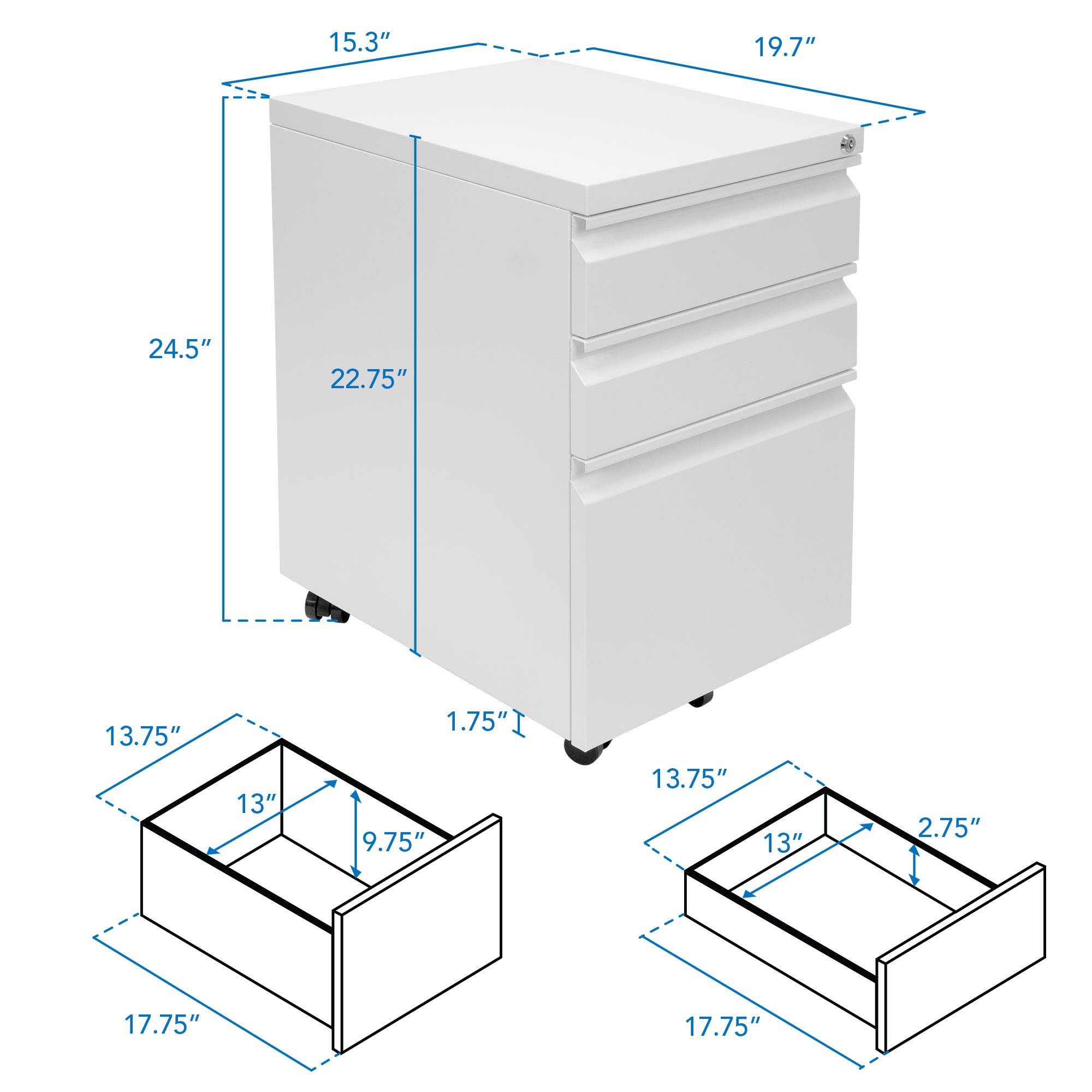 Mount-It! 3-Drawer Lockable Rolling File Cabinet with Wheels - White Under Desk Storage Organizer for Home Office - Holds Legal, Letter & A4 Files - Perfect for Small Spaces & Mobile Document Organization