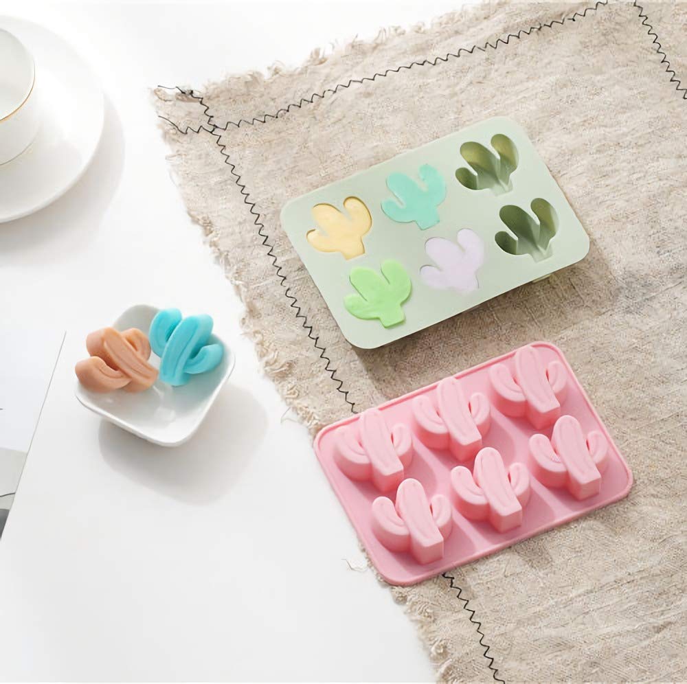 2-Pack Cactus Ice Cube Tray - Silicone Mold for Ice Cubes, Chocolate, Candy, Gummy, Jello, Baking, Soap & Lotion Bars - 6-Cavity Pink/Green Cacti Design - Perfect for Cocktails, Desserts & DIY Crafts