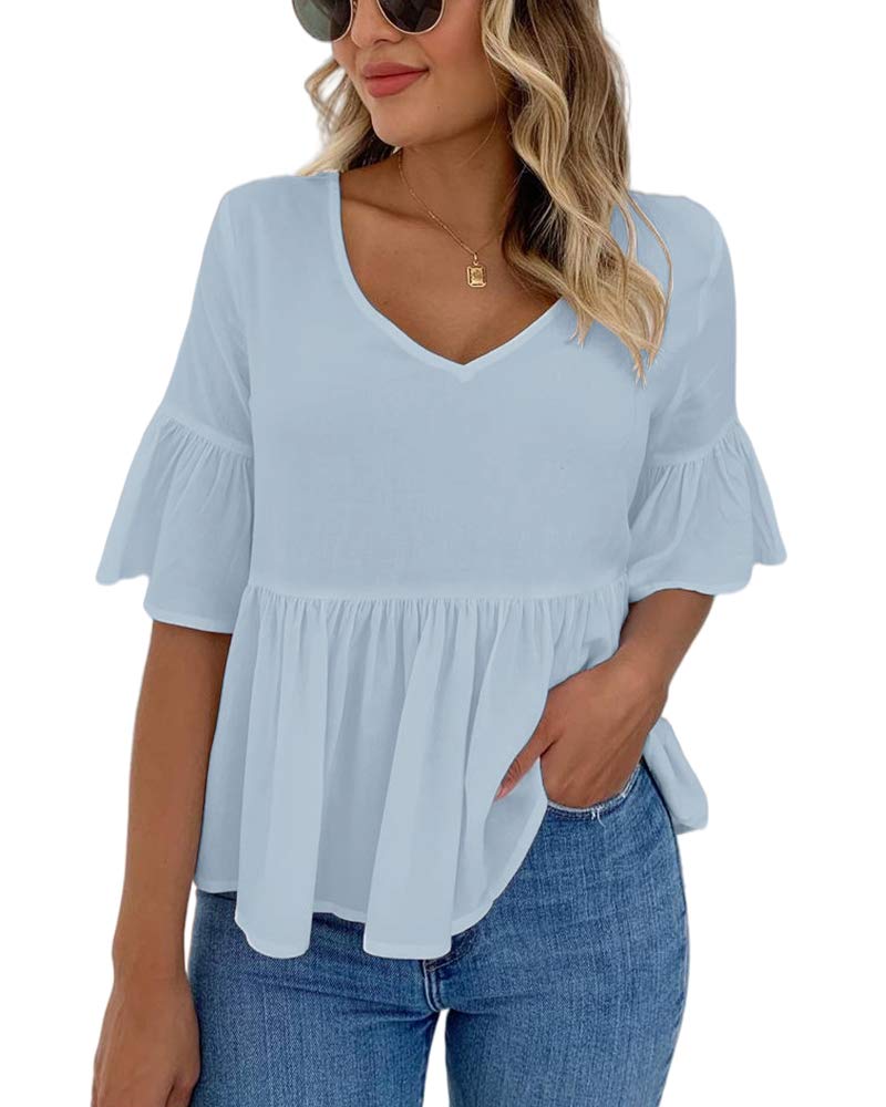 Remikstyt Women's Summer Peplum Top with Bell Sleeves & V-Neck Ruffles - Casual Babydoll Blouse for Beach, Party & Everyday Wear
