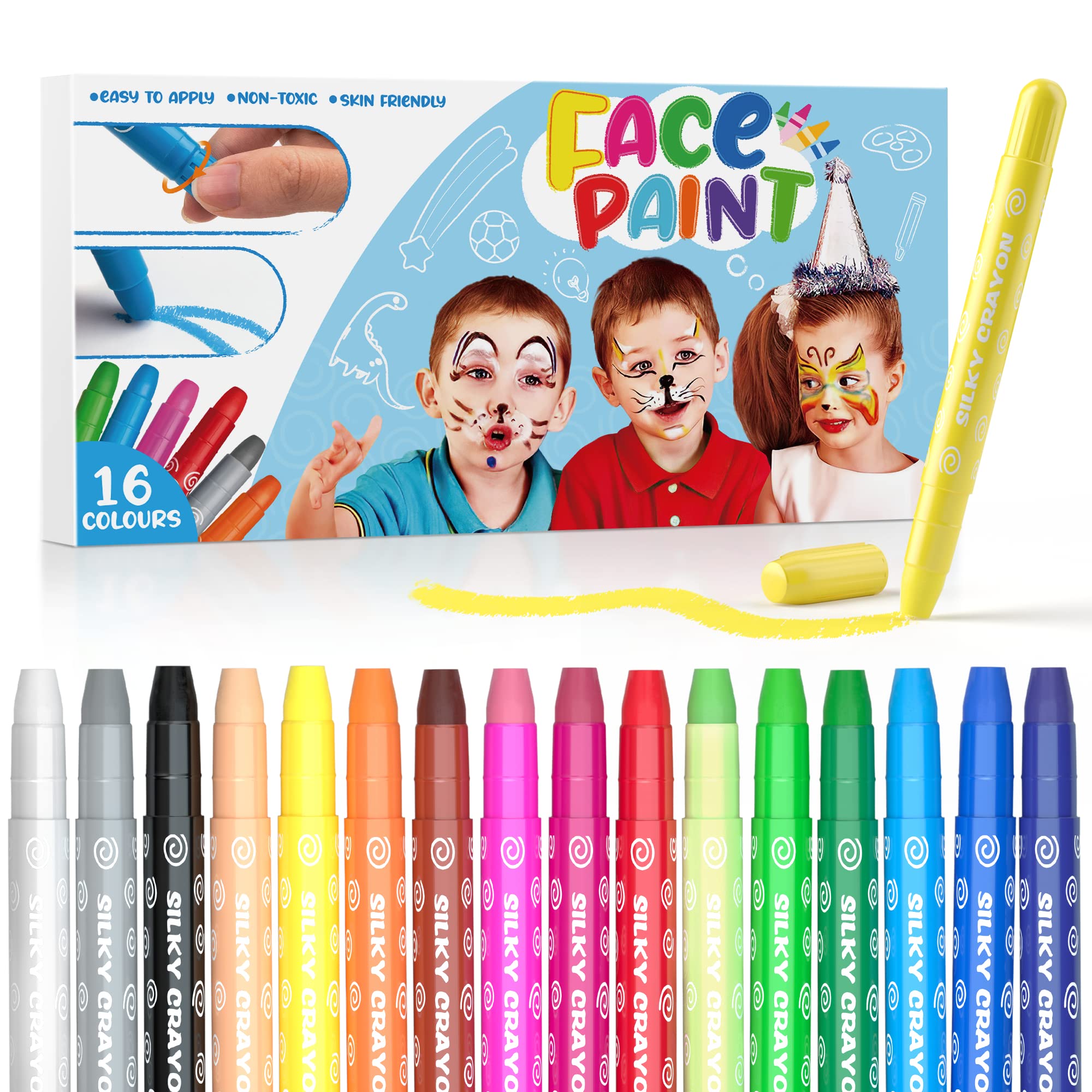 HENMI Face Paint for Kids - 16 Color Safe Carnival Makeup Kit for Halloween, Christmas & Birthday Parties - Non-Toxic & Washable Face Paint for Children's Costume & Party Makeup