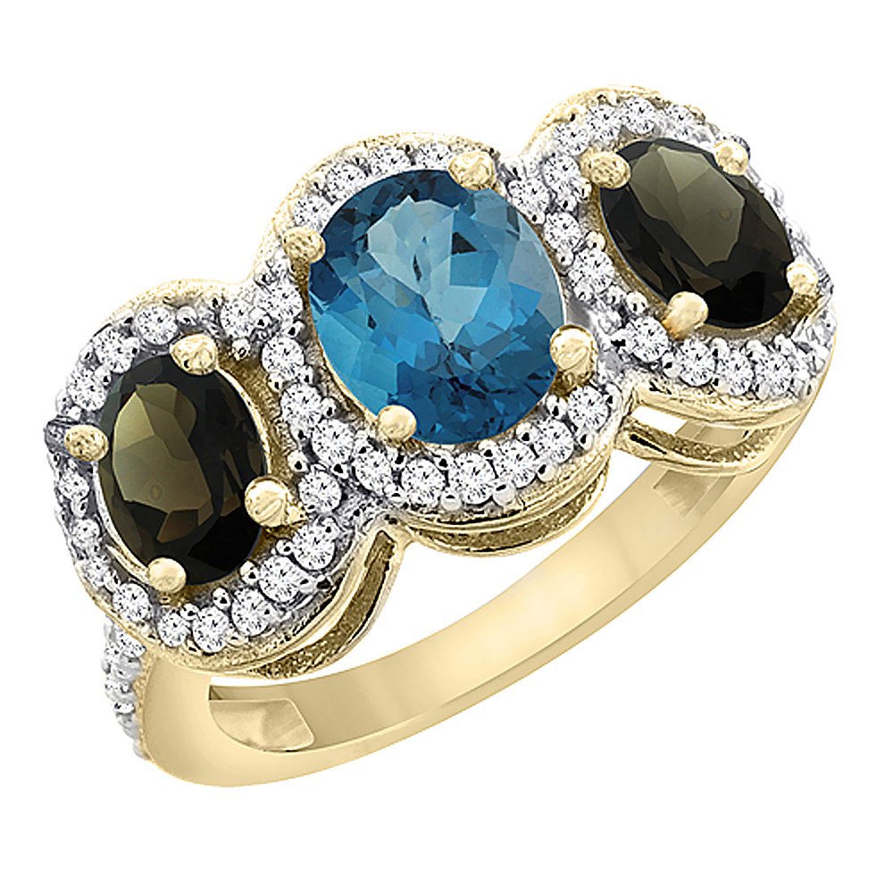 10K Yellow Gold Natural London Blue Topaz & Smoky Topaz 3-Stone Ring with Oval Diamond Accent - Size 5 to 10 | Elegant Birthstone Jewelry for Women, Perfect for Anniversary, Engagement & Special Occasion Gifts