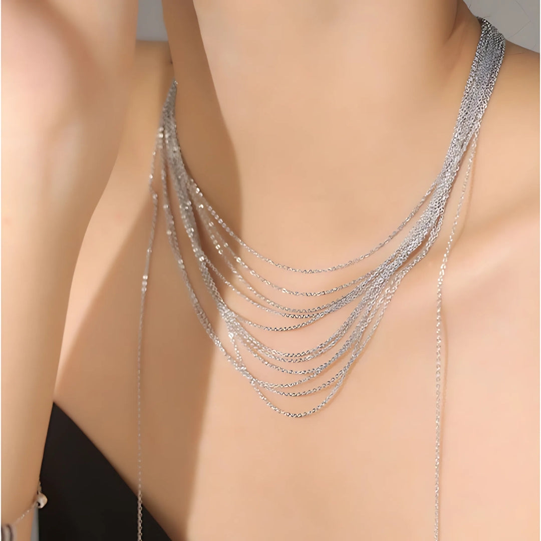 Multistrand Silver Tassel Chain Necklace HN2699 - Elegant Layered Jewelry for Women, Perfect for Parties, Weddings & Everyday Wear