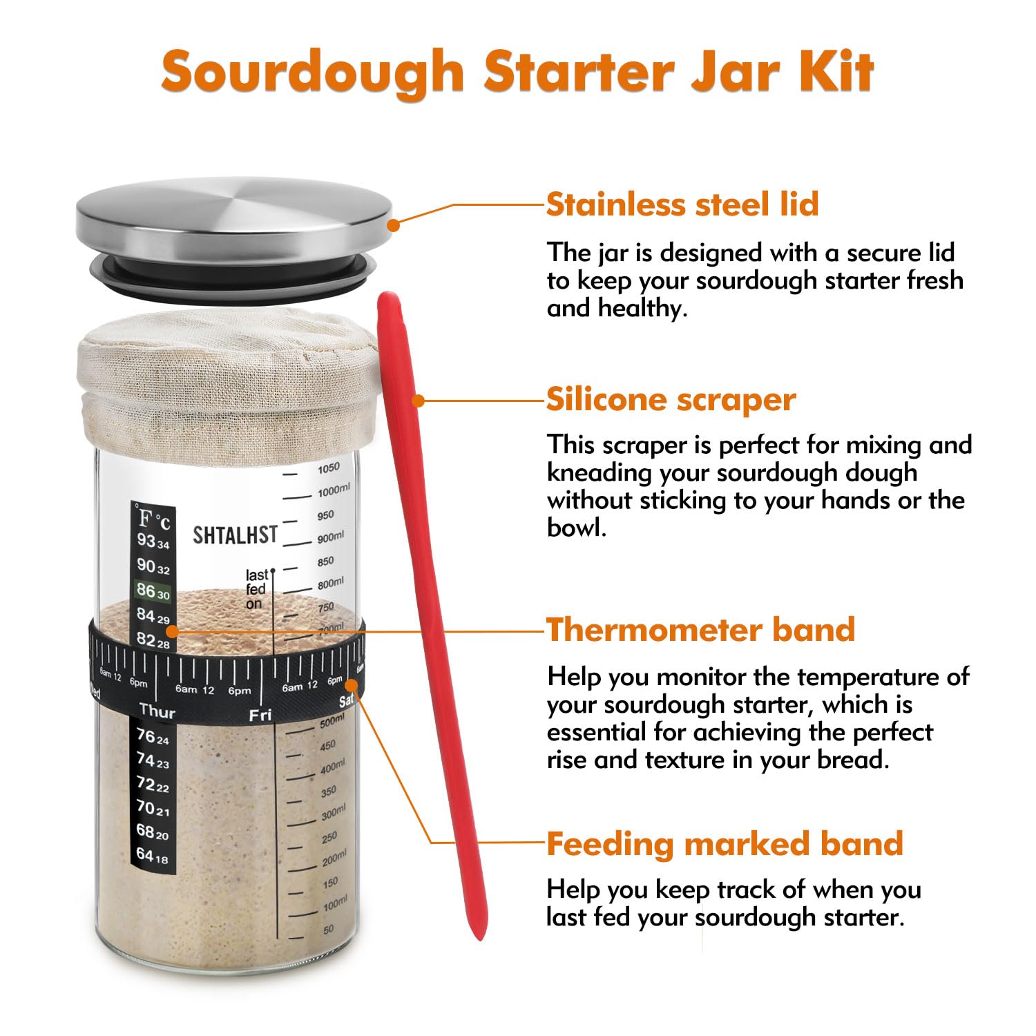 Sourdough Starter Kit - 1100ml/39Oz Glass Jar with Stainless Steel Lid, Thermometer & Silicone Scraper | Includes Cloth Cover & Date Marked Feeding Band (2 Pack) | Perfect for Homemade Bread Baking, Artisan Sourdough & Fermentation
