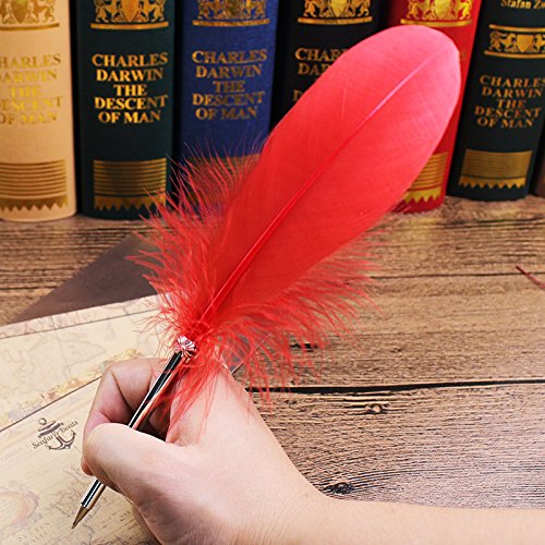 Natural Feather Ballpoint Pen with Black Ink - Elegant Luxury Writing Pen for School, Office & Signatures - Perfect for Kids, Calligraphy & Handwritten Notes (Red)