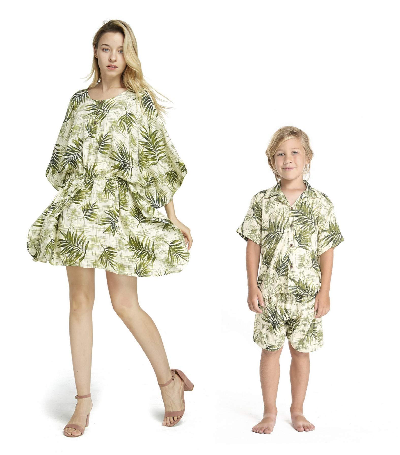 Matching Mother and Son Hawaiian Luau Outfits - Leaf Print Poncho Dress & Shirt Set for Tropical Party, Beach Vacation, and Family Photos