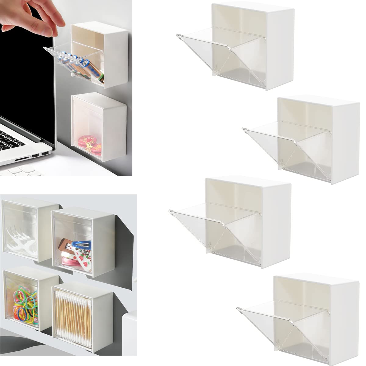 FSHANYUE 4-Pack Wall Mounted Bathroom Storage Boxes - Self-Adhesive Clamshell Organizer for Cotton Swabs, Balls & Pads | Space-Saving Small Containers for Bathroom, Vanity, Makeup Counter & Nursery Organization