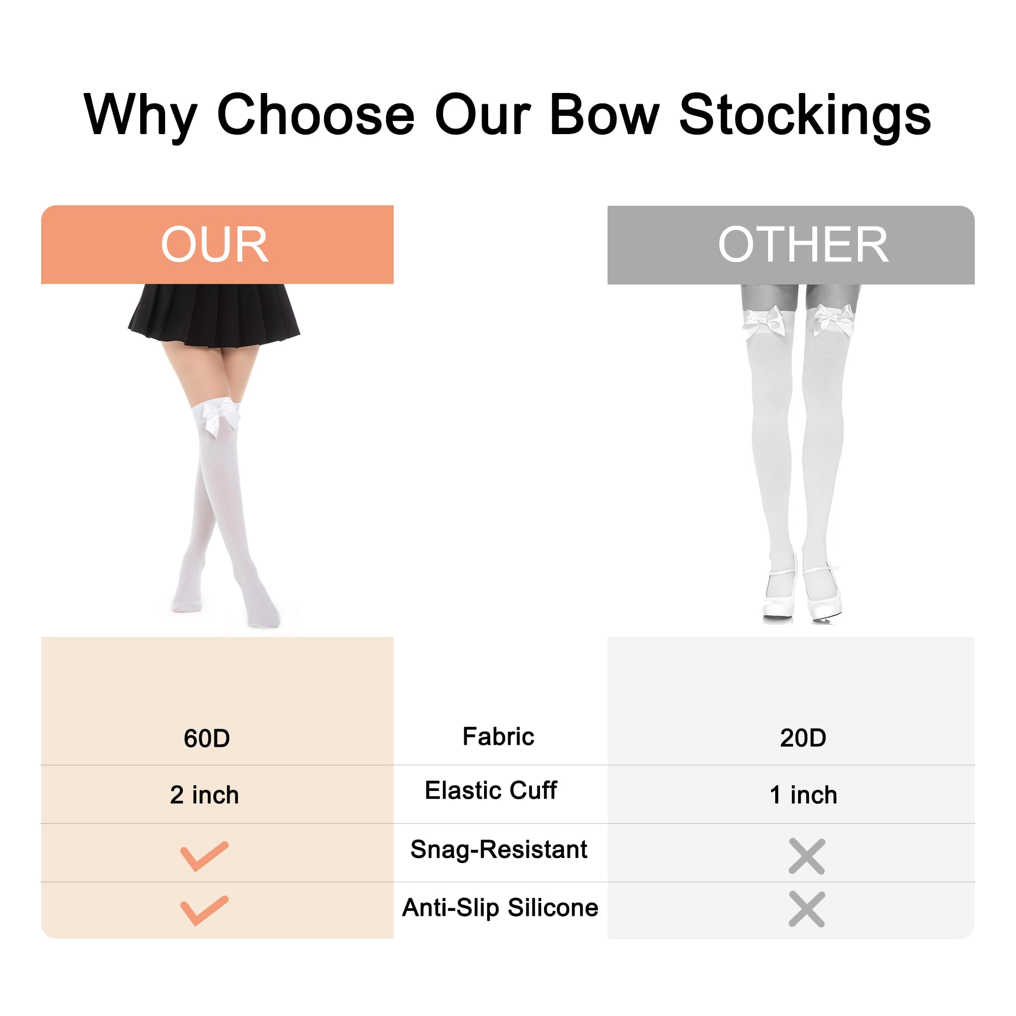 2025 Upgraded Women's White Thigh High Stockings - Anti-Slip Knee High Socks with Elegant Satin Bows | Perfect for Cosplay, Party Outfits & Winter Fashion