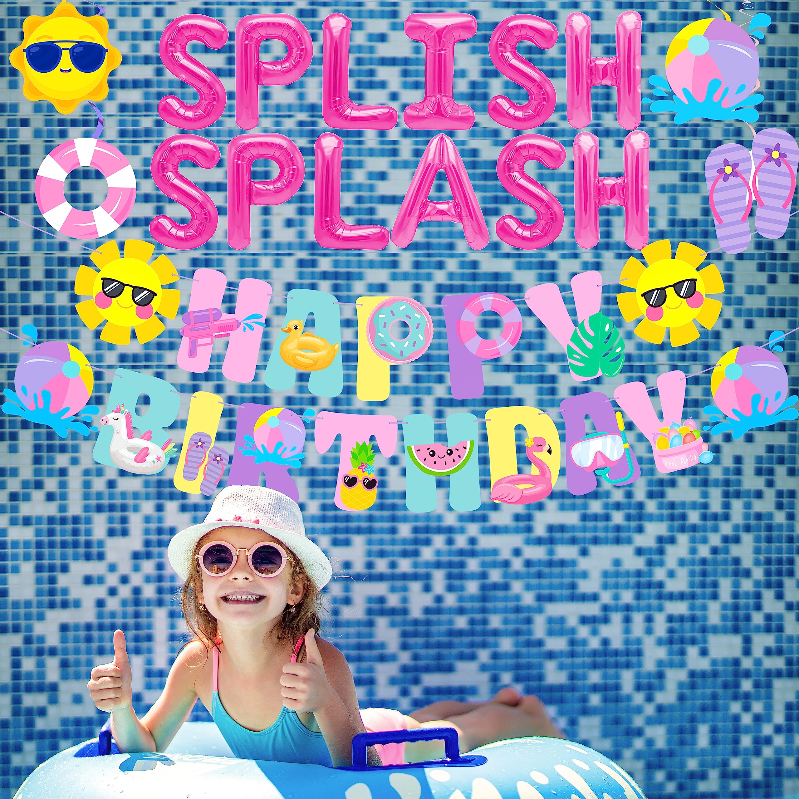 Pool Party Decorations - Splish Splash Birthday Foil Balloons, Hanging Swirls & Banner for Girls Summer Beach Party | Hawaiian Luau Tropical Theme Decor for Poolside Celebrations, Baby Showers & Backyard Gatherings