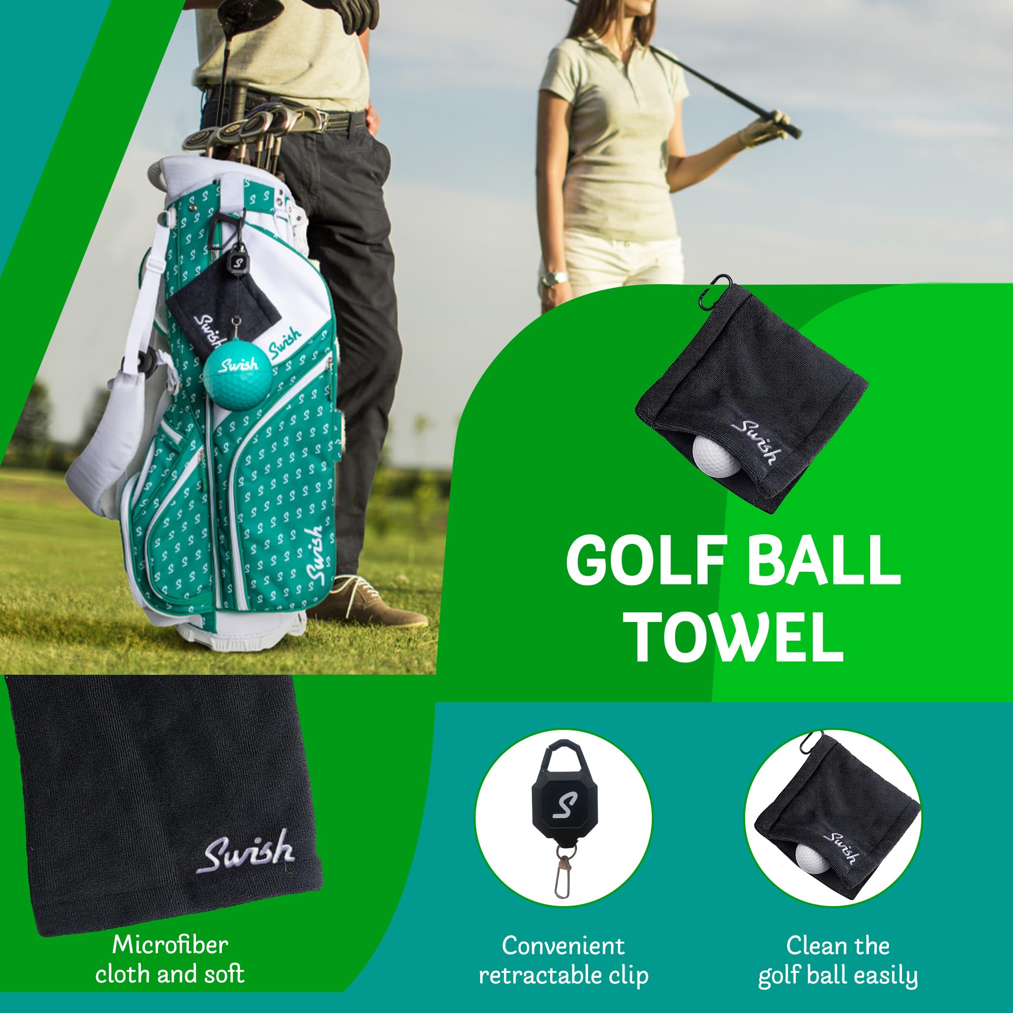 Swish Portable Golf Ball Cleaner – Clip-On Golf Accessory for Golf Bag or Cart – Best Golf Gift for Men & Women – Ideal for Driving Range & Course Play