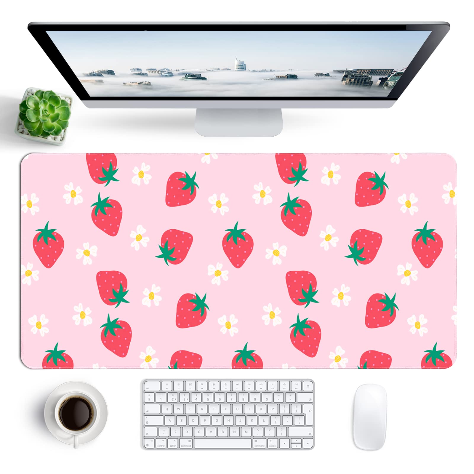 Seorsok XXL Extended Gaming Mouse Pad - 31.5x15.7 Inch Large Desk Mat with Non-Slip Rubber Base & Stitched Edges - Pink Strawberry Design for Girls - Perfect for Gaming, Office Work & Computer Use