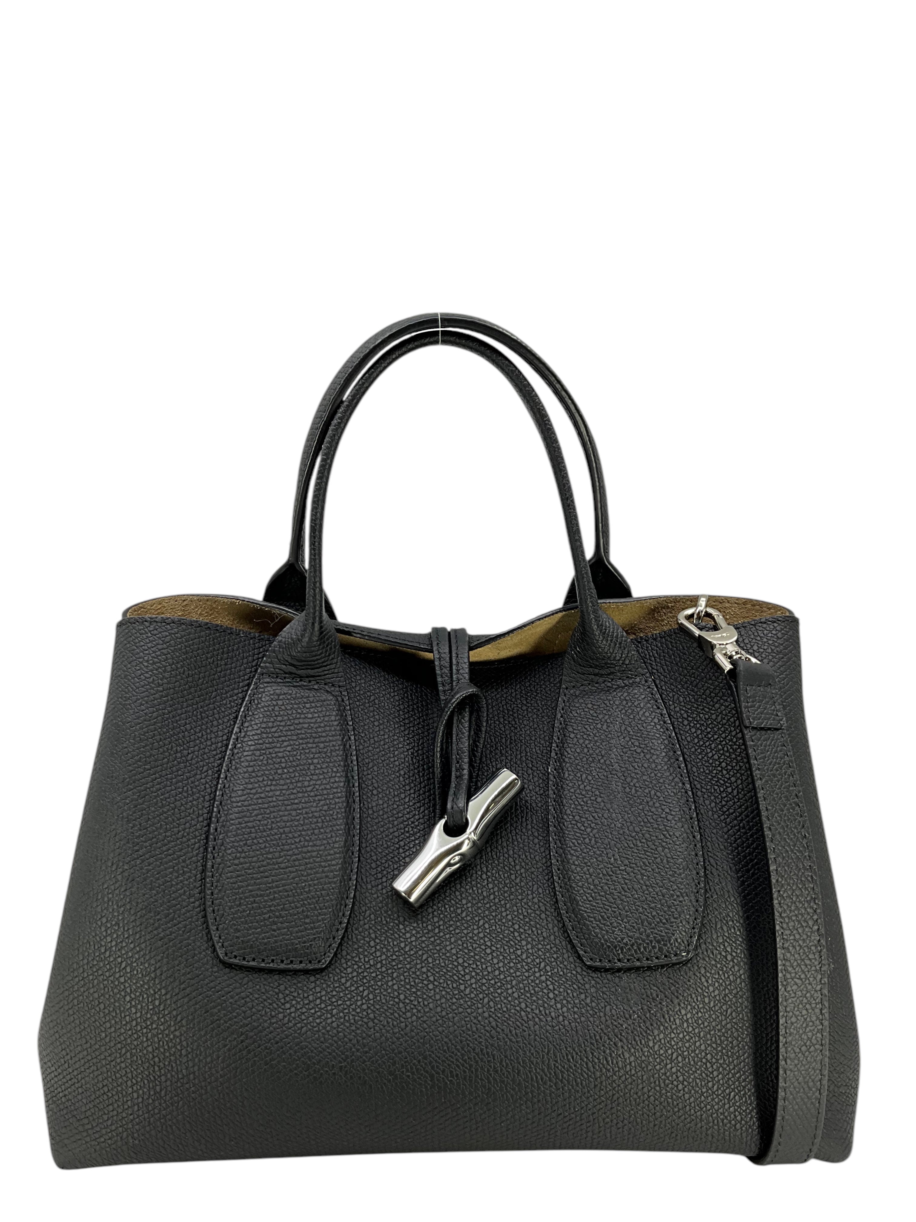 LONGCHAMP Roseau Medium Leather Tote Bag for Women - Premium Handbag with Top Handle, Spacious Work & Travel Tote - Perfect for Office, Business Meetings & Weekend Getaways