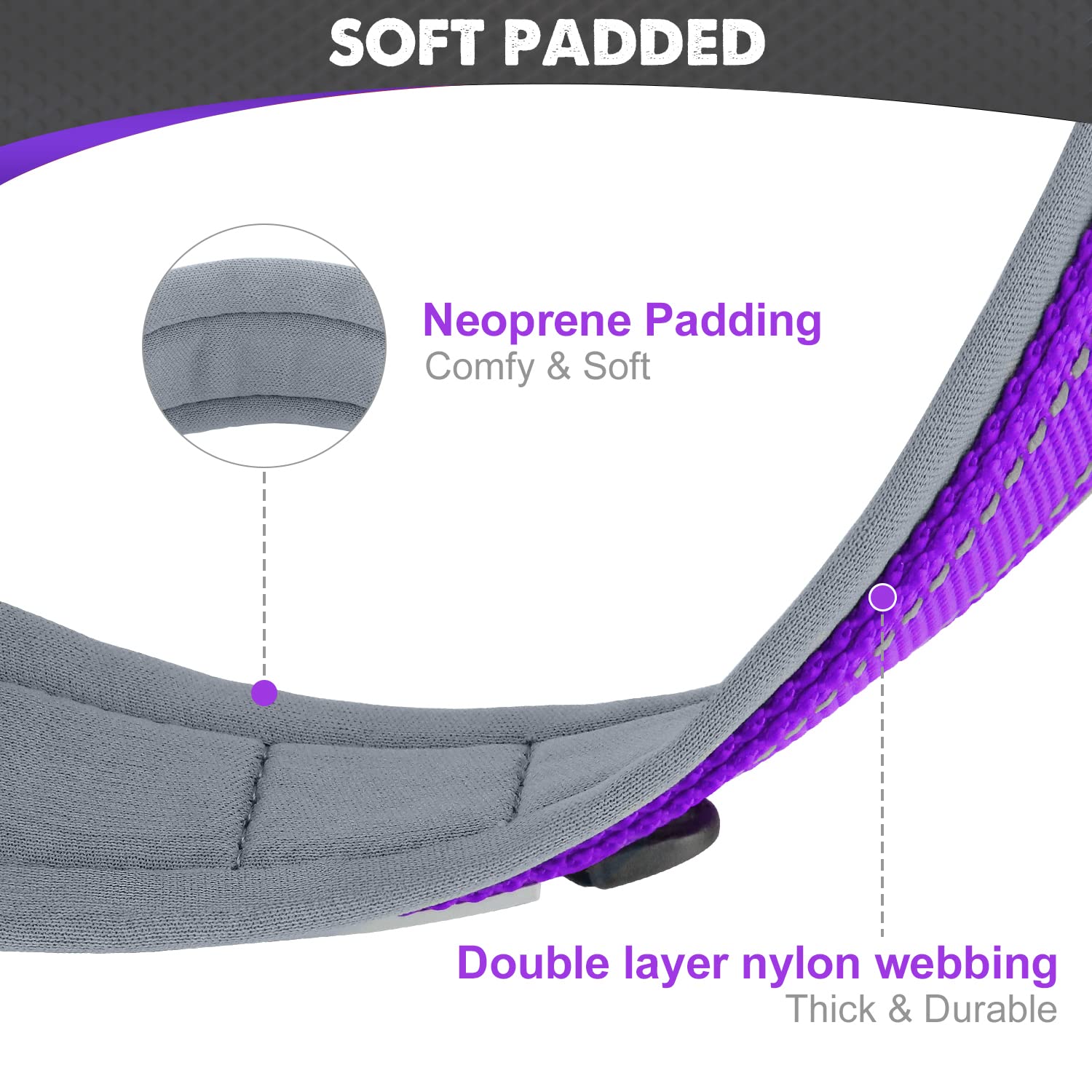 Joytale Heavy Duty Neoprene Padded Reflective Dog Collar for Large Dogs - Adjustable Pet Collar with Durable Metal Buckle, Purple, Size L - Perfect for Walking, Training & Outdoor Adventures