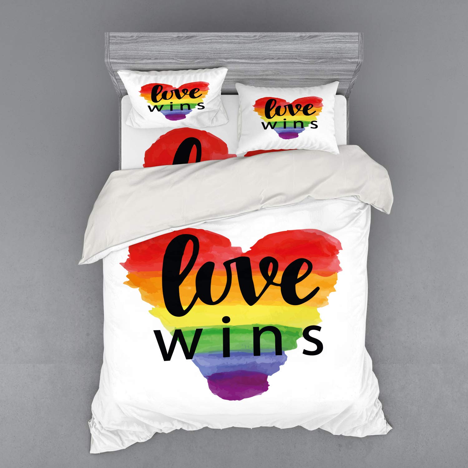 Ambesonne Pride Duvet Cover Set - Queen Size 4-Piece Bedding with Watercolor Heart Print & 'Love Wins' Gay Rights Slogan, Includes Shams & Fitted Sheet - Perfect for LGBTQ+ Themed Bedrooms, Pride Month Decor, and Supportive Home Styling