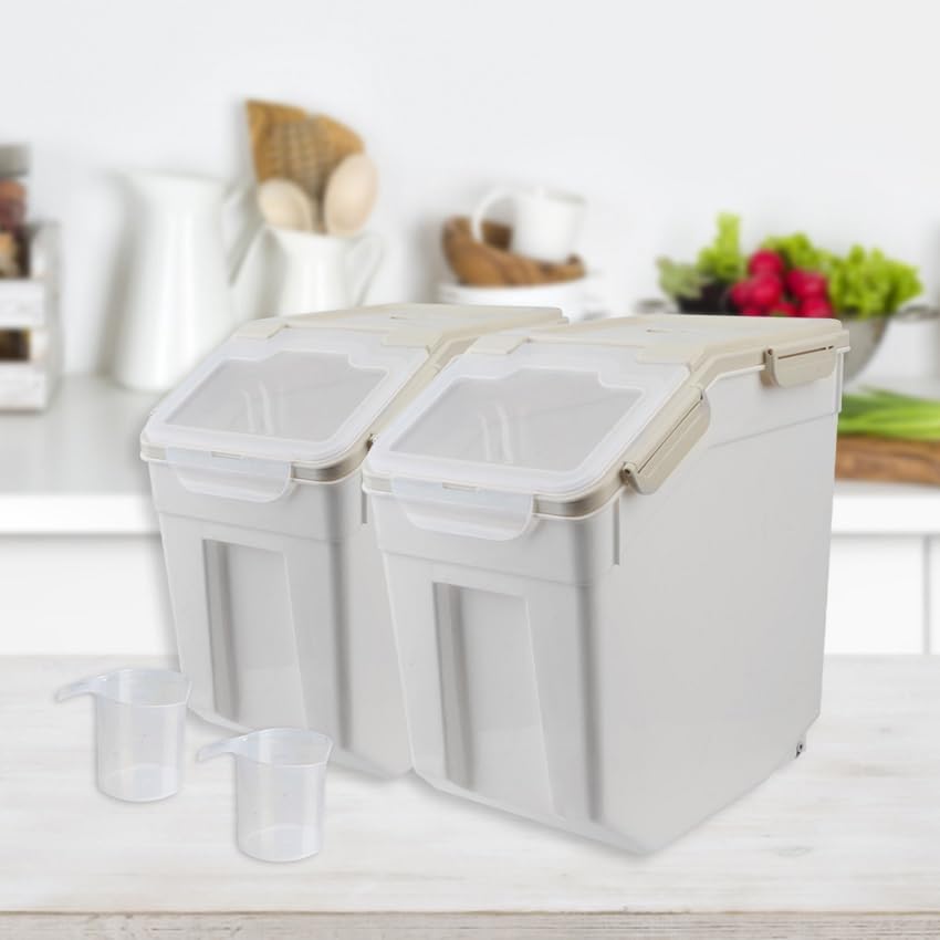 2 Pack 50 lb BPA-Free Food Storage Containers with Wheels & Measuring Cup - Airtight Rice, Flour, Sugar, Cereal, Pet Food Bin Set (Gray) - Ideal for Kitchen Pantry, Bulk Food Storage & Pet Feeding Organization