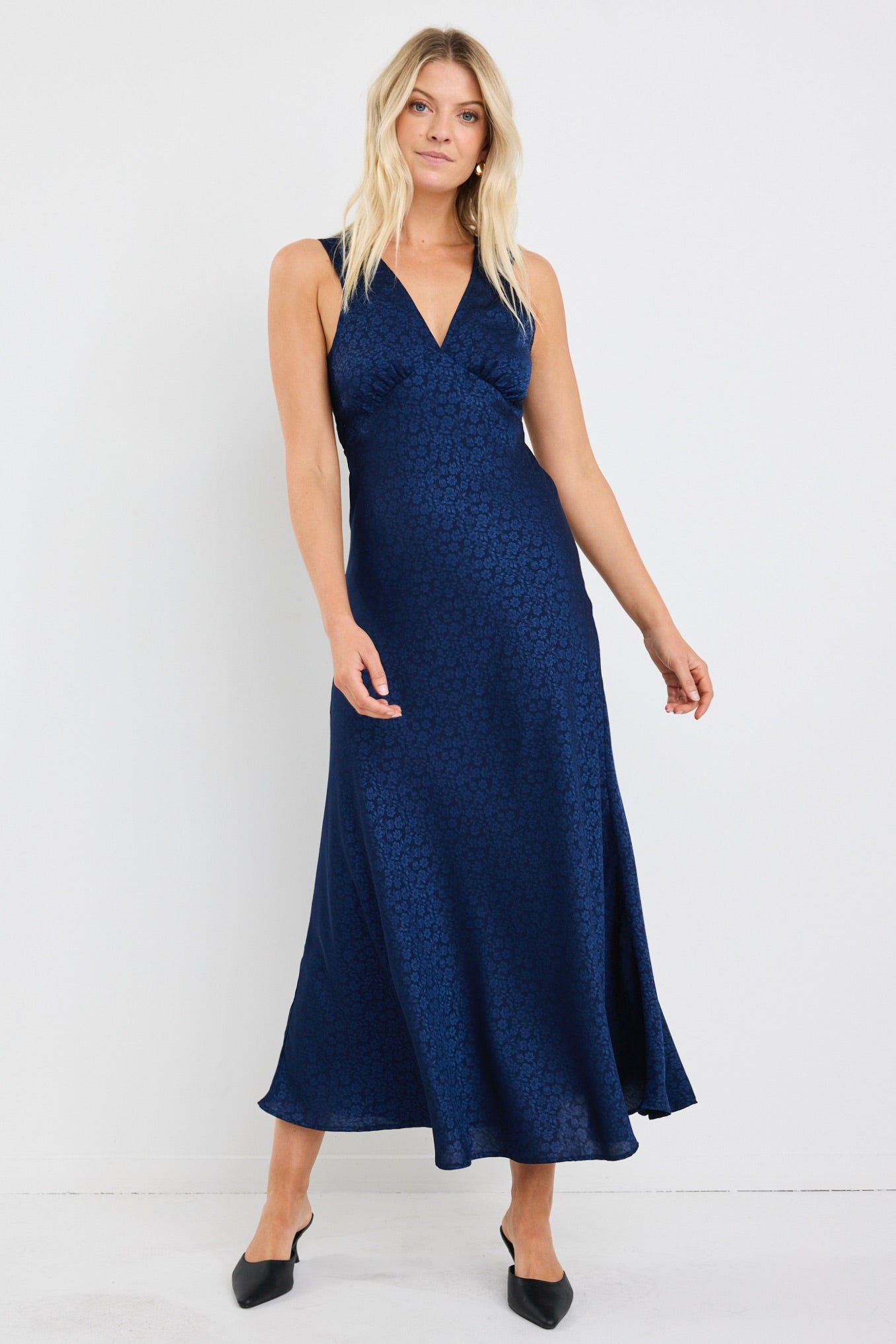 Aston Ink Jacquard Satin Bias Flared Maxi Dress - Elegant Women's Formal Evening Gown for Weddings, Parties & Special Occasions