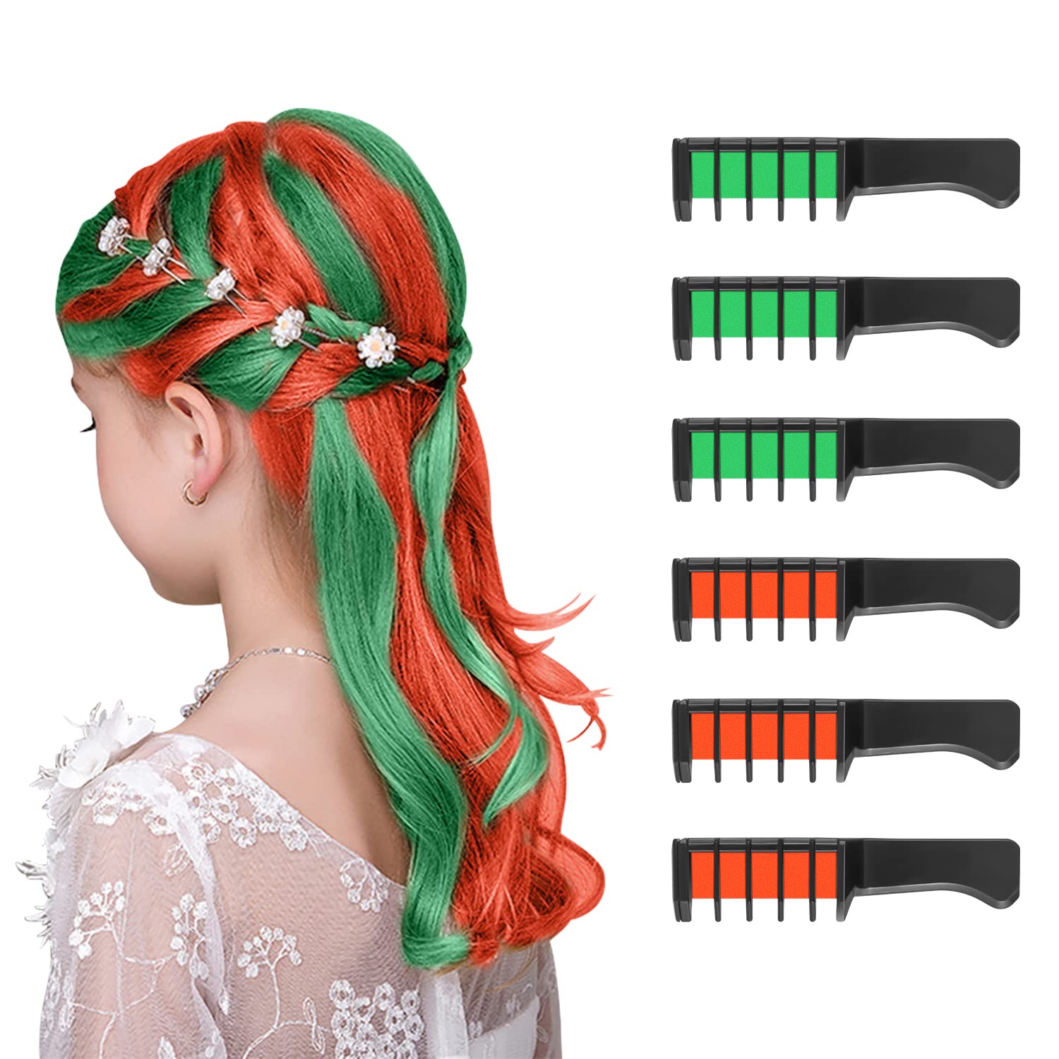 MSDADA Washable Hair Chalk Set - Temporary Hair Color for Kids (Orange & Green) | Non-Toxic, Fluorescent Hair Dye for Girls Age 6-12 | Perfect for Halloween, Christmas Parties & Costume Makeup