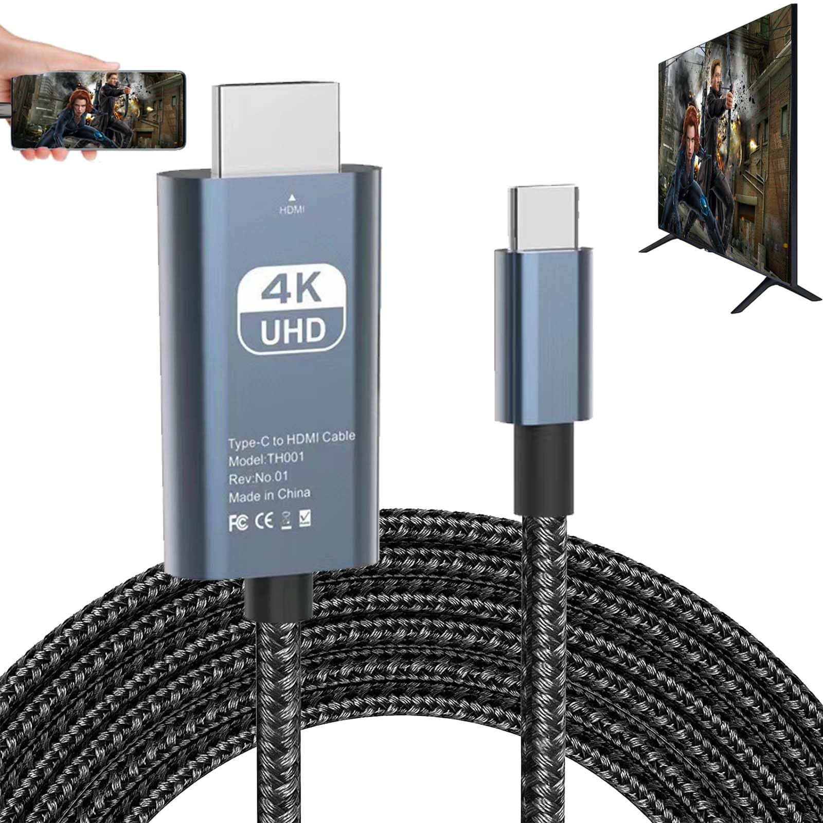 Premium HDMI to USB Type C Adapter - 4K Ultra HD MHL Cable with Braided Nylon - Compatible with MacBook, HP Laptops, Samsung Galaxy S20/S21/S22/S23, Note 9/20 Plus & Android Phones - Mirror Screen to HDTV, Projector, Monitor for Work Presentations & Home Entertainment
