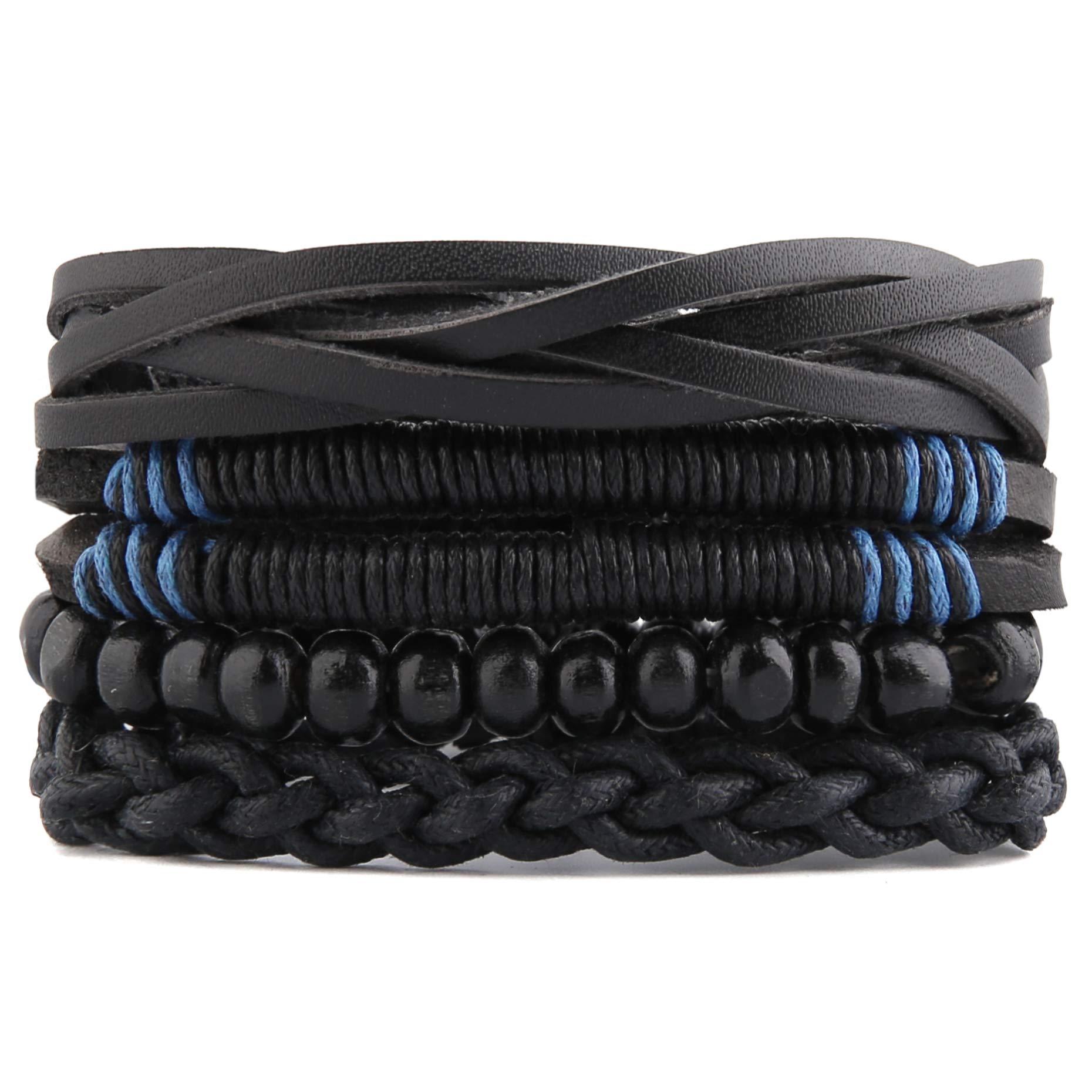 STWTR Mix 4 Wrap Bracelets for Men & Women - Handmade Hemp Cord & Wood Bead Ethnic Tribal Bracelet Set - Leather Wristbands for Boho Style - Perfect for Music Festivals, Yoga, and Everyday Wear