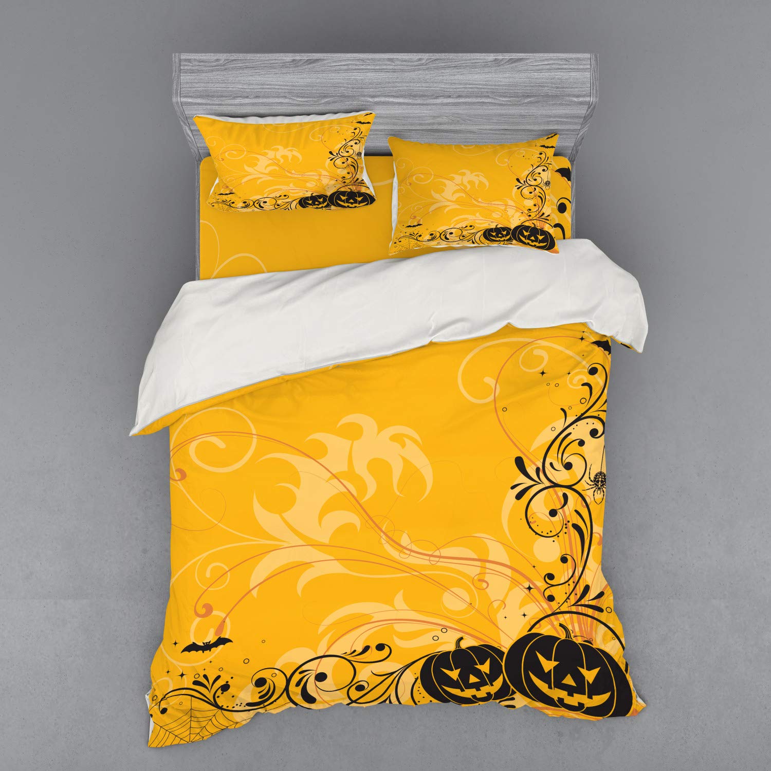 Ambesonne Halloween Duvet Cover Set - Queen Size 4-Piece Bedding with Carved Pumpkin, Floral, Bat & Web Design | Spooky Jack-o'-Lantern Artwork in Orange & Black | Perfect for Halloween Decor, Themed Bedrooms & Cozy Autumn Nights