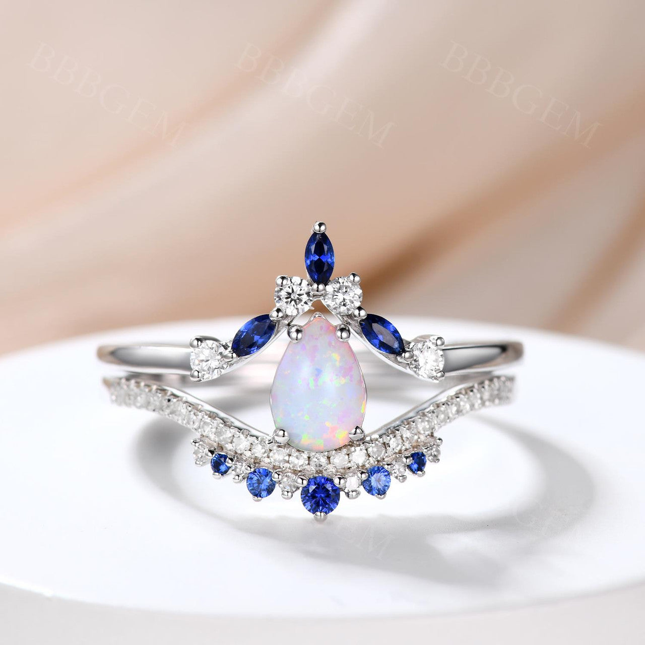 Pear Shaped Opal Engagement Ring with Diamond Accents & Blue Sapphire Wedding Band - Stackable Bridal Set for Proposal, Anniversary & Special Occasions