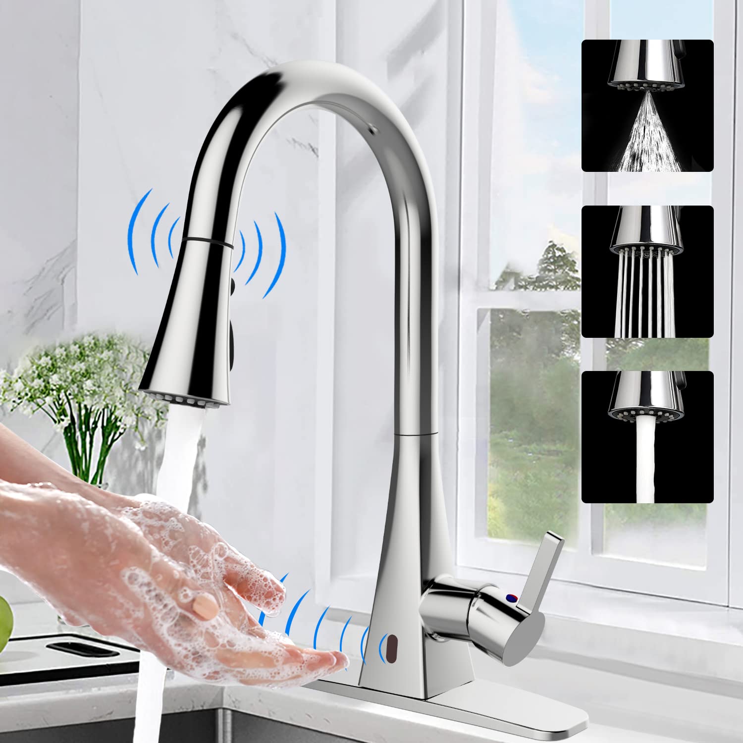 Motion Sensor Kitchen Faucet - Touchless Pull Down Sprayer, Chrome Finish for Modern Kitchens