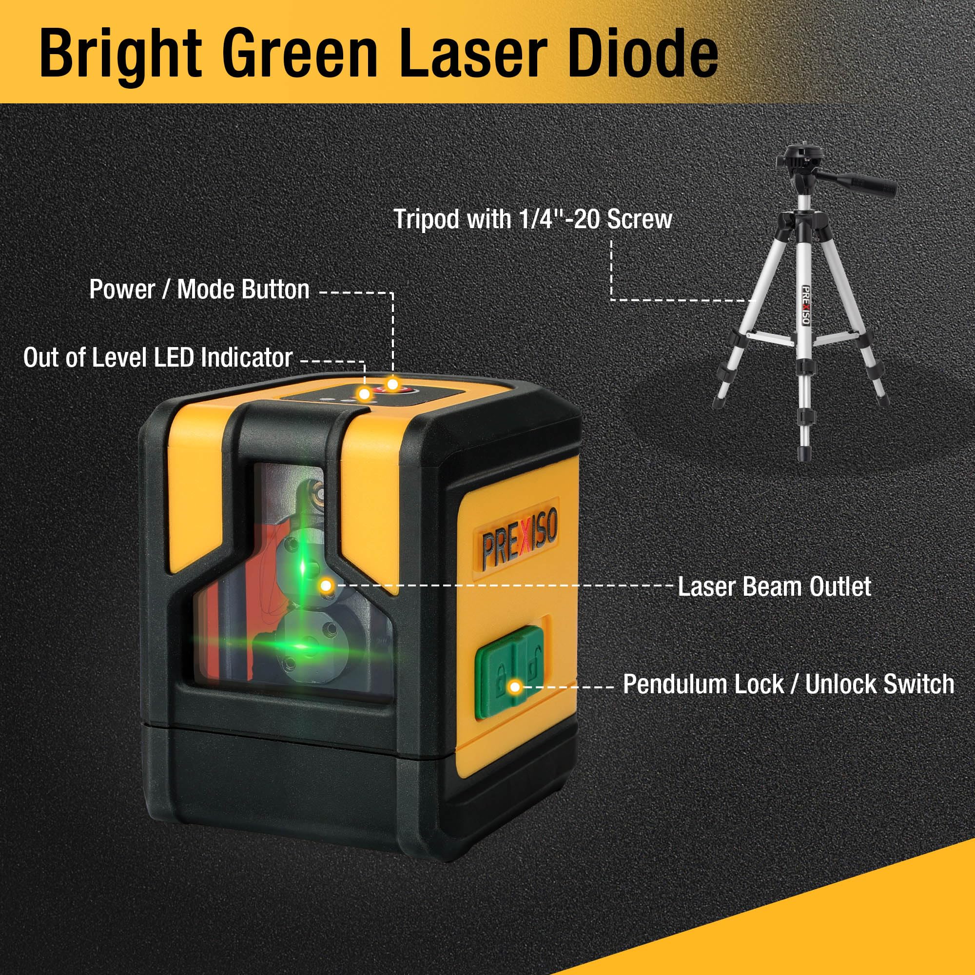 PREXISO Self-Leveling Green Laser Level with Tripod - 100Ft Dual Modules Cross Line Laser Leveler for Floor Tile Installation, Home Renovation & Construction - Includes 26in Tripod & 2 AA Batteries (Perfect for Wall Alignment, Cabinet Hanging & DIY Projects)