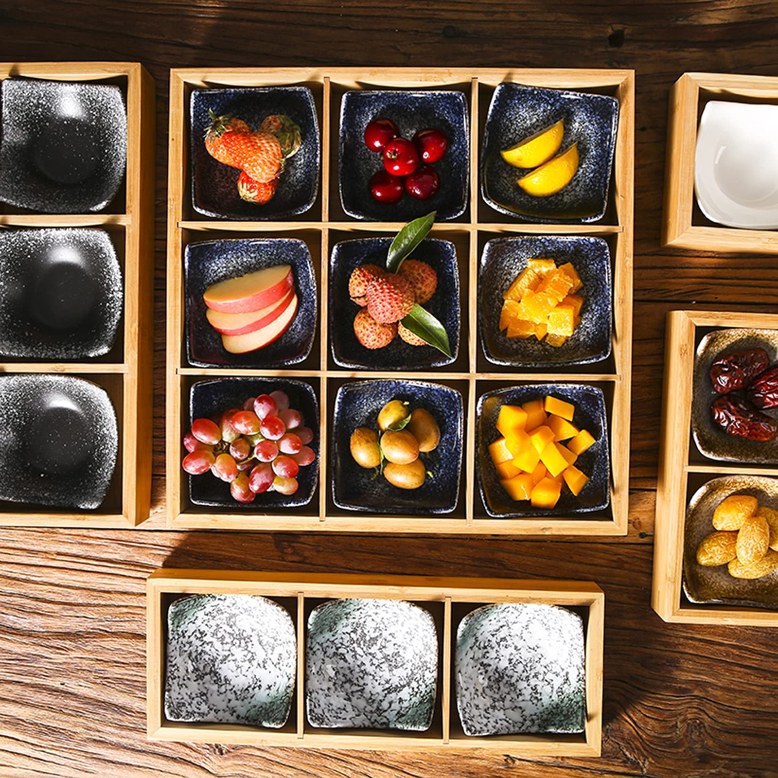 AIZYR Wooden Bamboo Serving Tray with Ceramic Plate - Elegant Food Tray for Snacks, Desserts, Fruits, Appetizers & Condiments - Perfect for Home, Kitchen, Party & Restaurant Use
