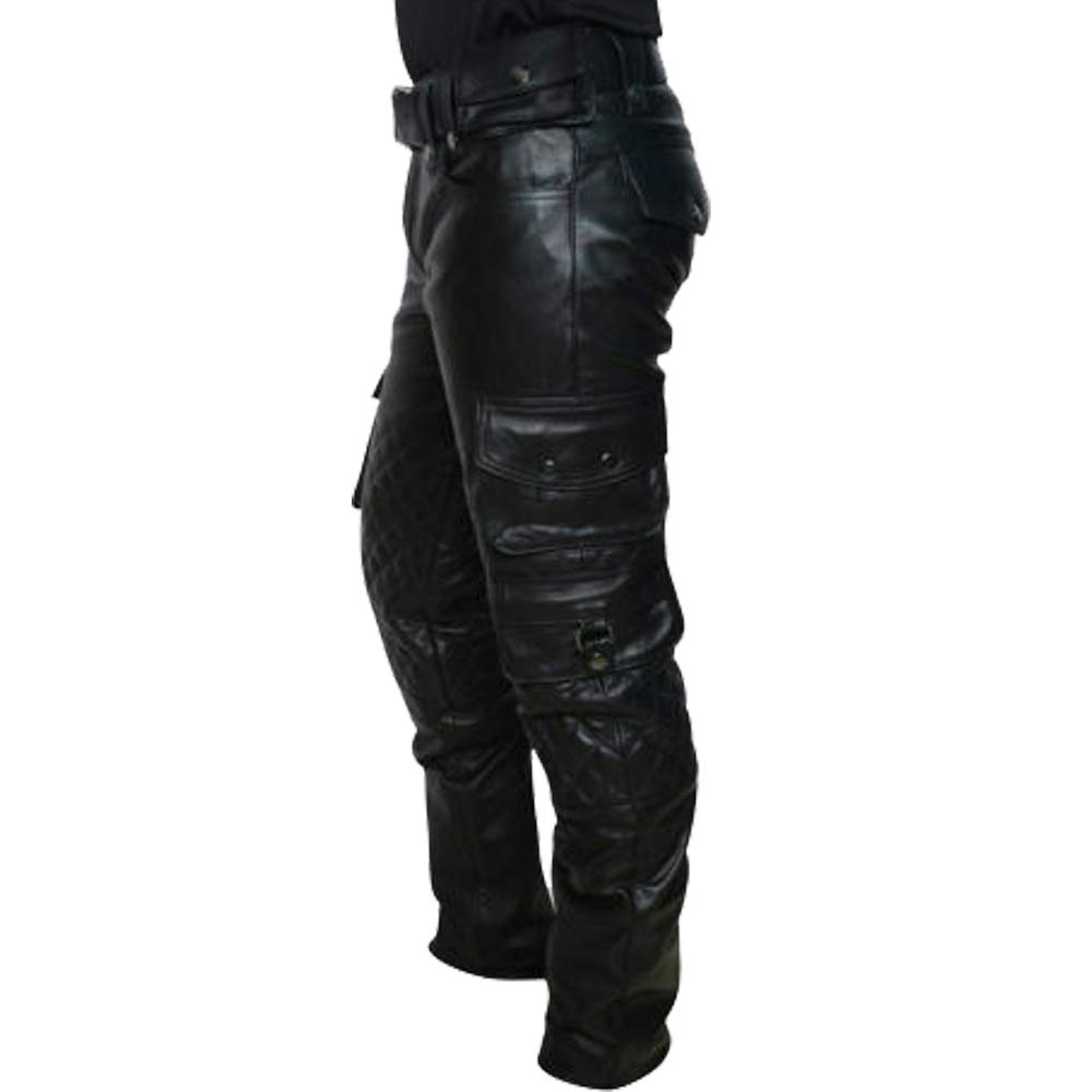 Men's Real Cowhide Leather Cargo Pants with Quilted Panels - BLUF Style Breeches for Motorcycle Riding & Outdoor Adventures