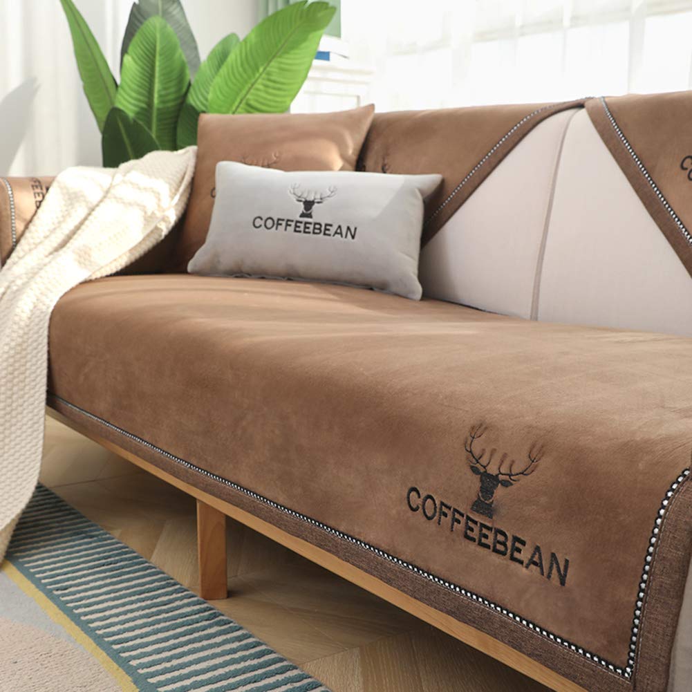 Soft Plush Sofa Slipcover - 90x210cm (35x83in) Stretchable Couch Cover with Anti-Slip Design for 1-4 Cushions, Furniture Protector in Brown | Perfect for Living Room, Family Room & Pet-Friendly Homes