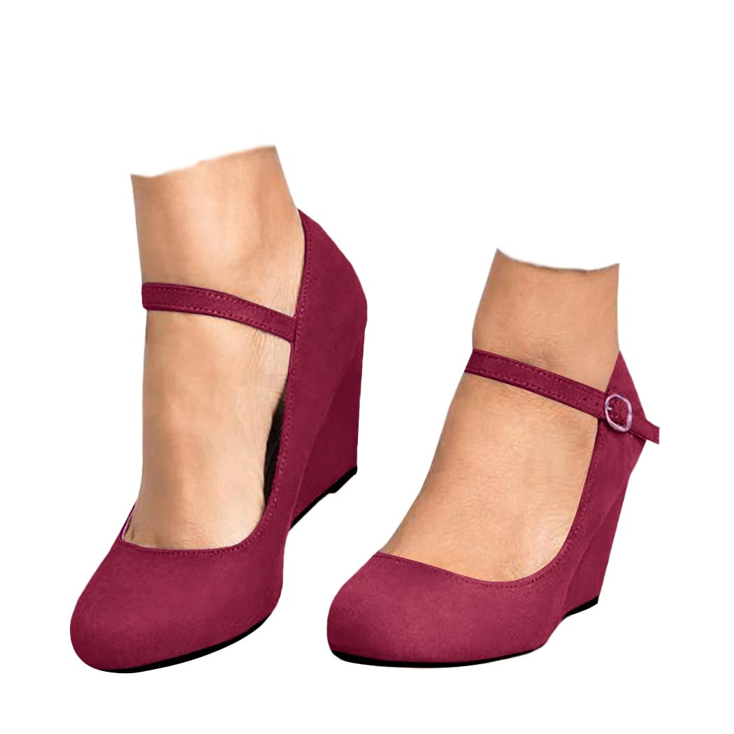 Women's Comfortable Wedge Heel Mary Jane Pumps with Ankle Strap - Round Toe Office Work Dress Shoes for Business, Wedding & Party Occasions