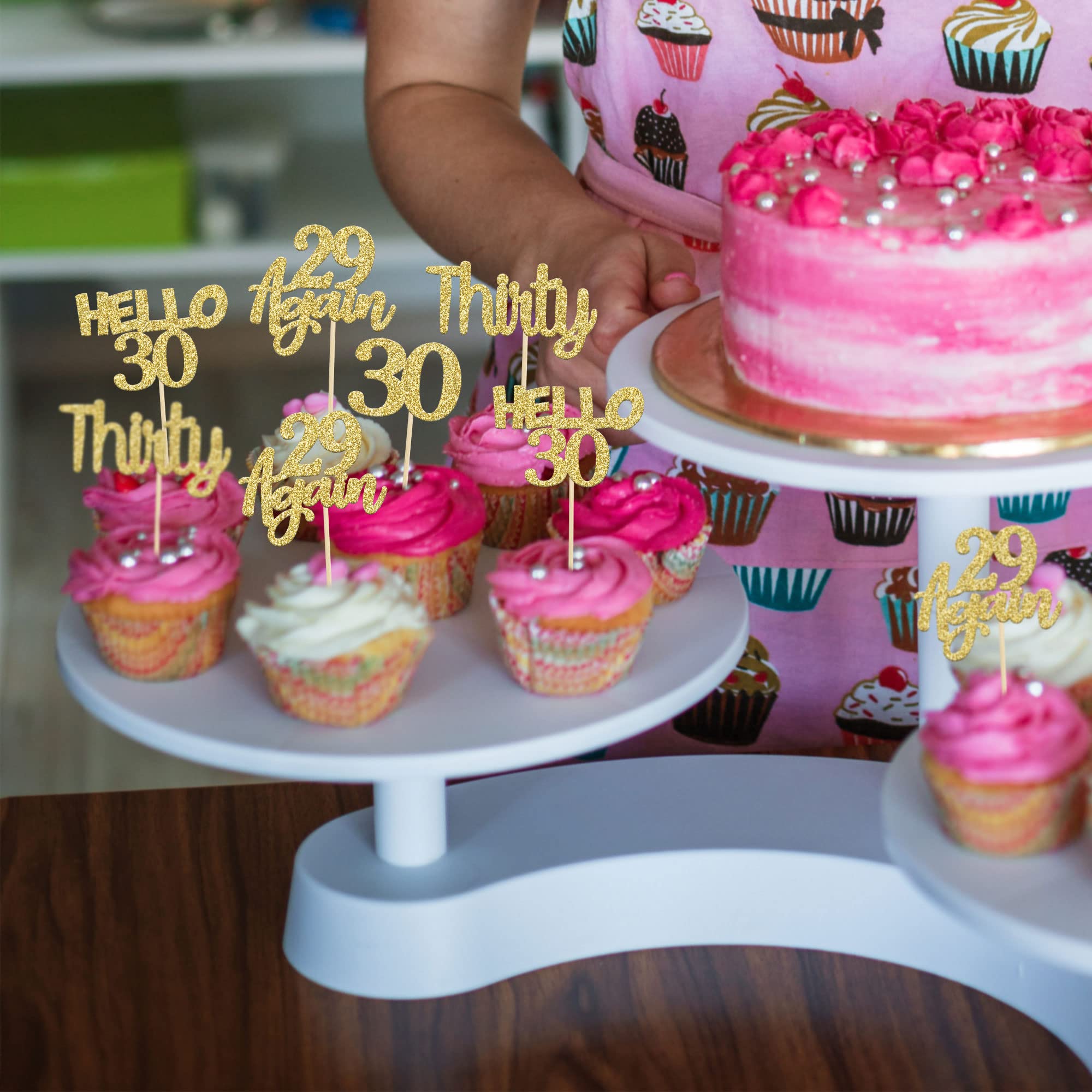 24Pcs Gold Glitter 30th Birthday Cupcake Toppers - Hello 30 Cake Decorations, Again 29 & Thirty Cupcake Picks for 30th Birthday Party, Anniversary, Milestone Celebration - Perfect for Cake Decorating Supplies & Dessert Table Displays
