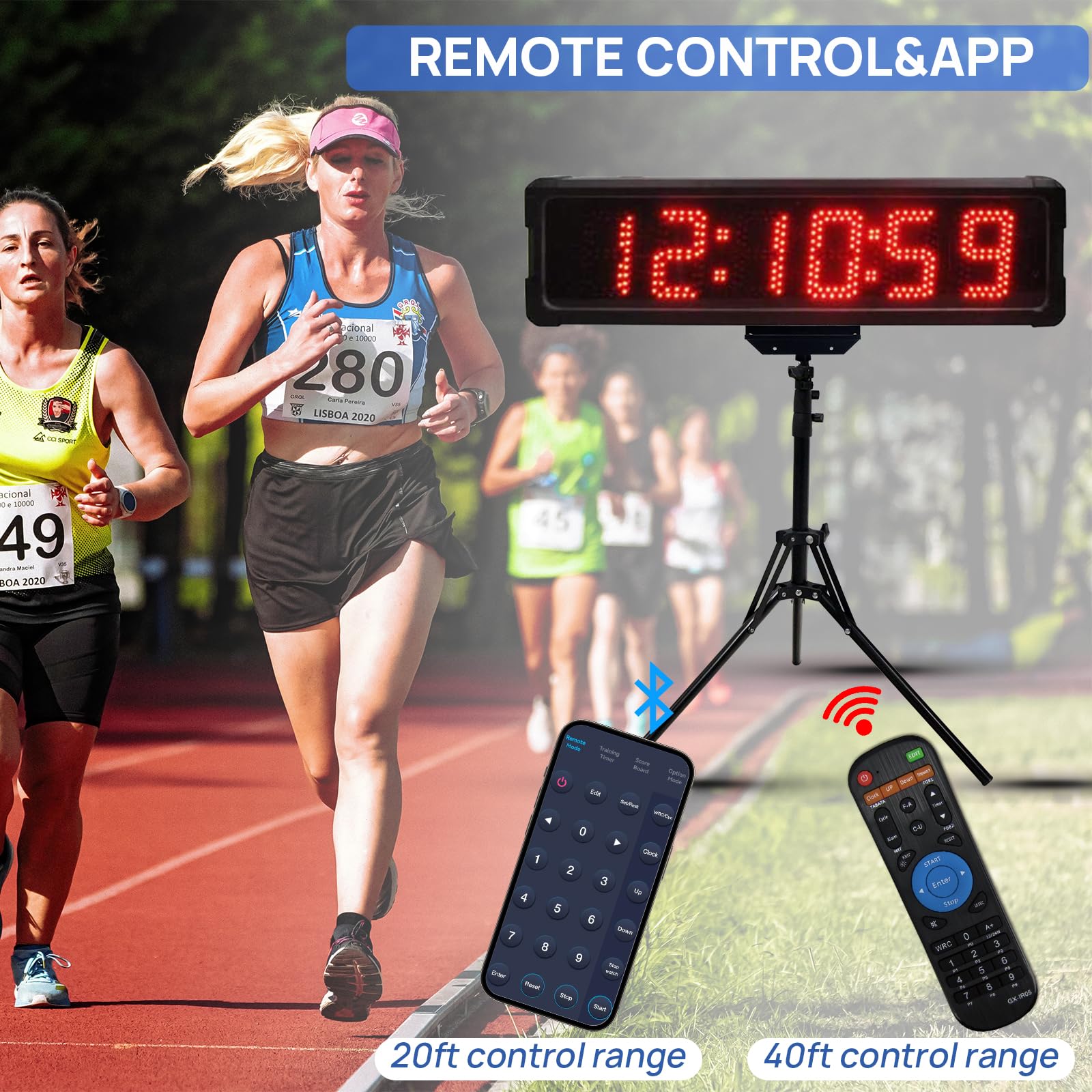 LED Race Timing Clock with Tripod - Marathon & Running Event Timer, Gym Stopwatch with Countdown/Count Up, Remote & APP Control, Adjustable Brightness - Perfect for Track Meets, Fitness Classes & Sports Training