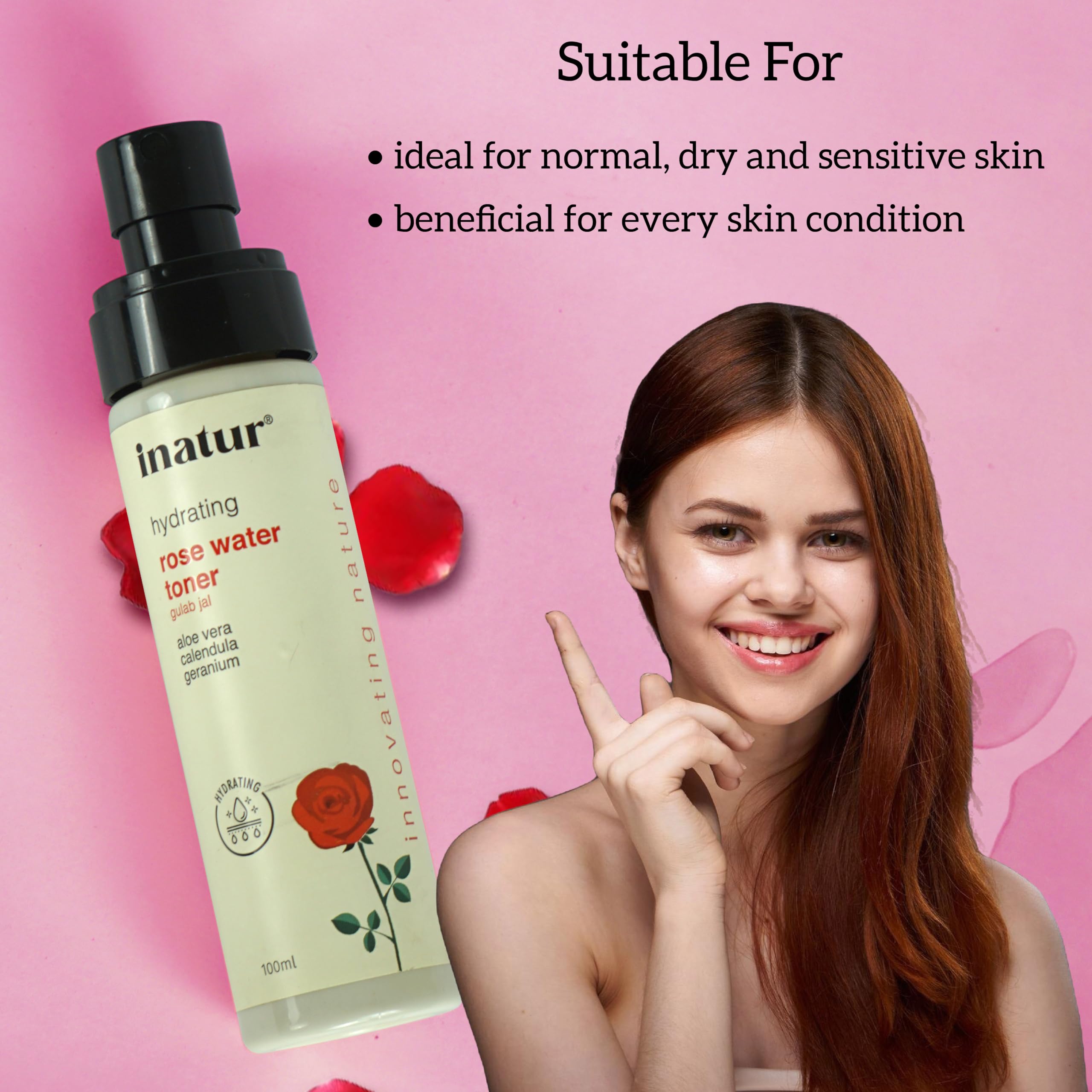 inatur Rose Water Toner with Calendula - 100% Natural Alcohol-Free Facial Toner for Sensitive Skin | Hydrating, Soothing & Pore Minimizing | Refreshing & Nourishing Treatment for Radiant Complexion | 100ml | Perfect for Daily Skincare Routine & Post-Workout Refreshment