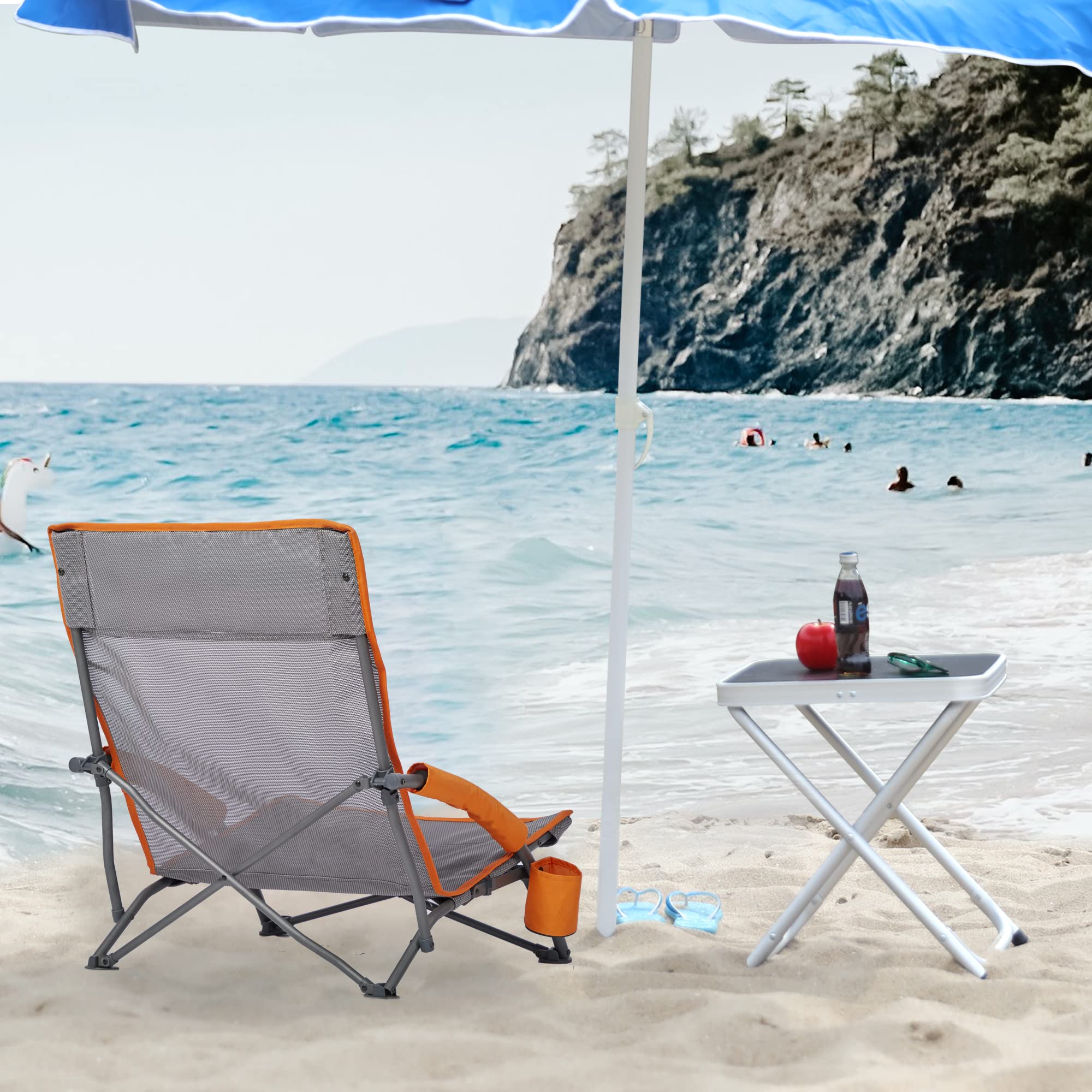 Best Lightweight Portable Beach Chair for Adults - 300LBS Capacity, Low Camping Chair with Cup Holder & Mesh Back, Foldable Outdoor Chair with Carry Bag - Perfect for Beach, Picnic, Travel, Concert & Festival Use