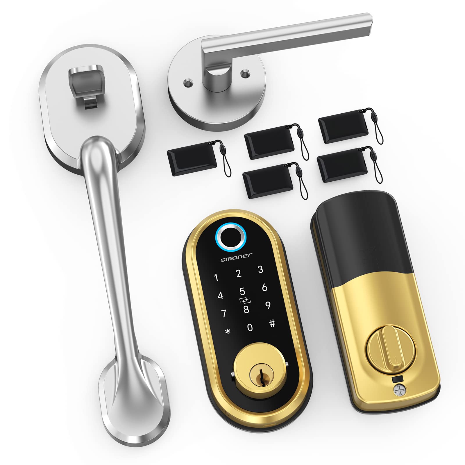 SMONET Smart Lock - Keyless Entry Fingerprint Door Lock with Biometric Deadbolt, Keypad, App & Bluetooth Control - Secure Front Door Smart Lock (Includes Handle & Fobs) for Home, Office & Vacation Rental Security