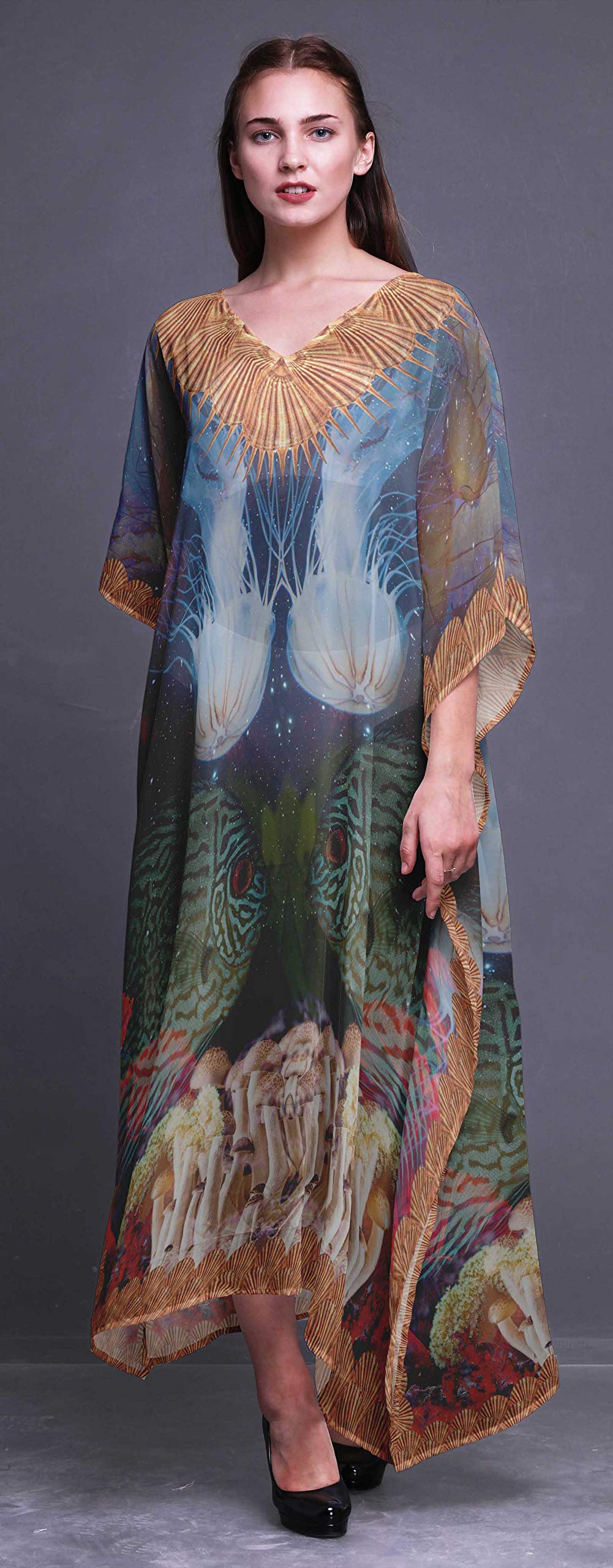 Stylish Clown Fish & Shell Print Ocean Beach Kaftan - Women's Bikini Cover Up Maxi Dress for Summer Vacations & Poolside Lounging