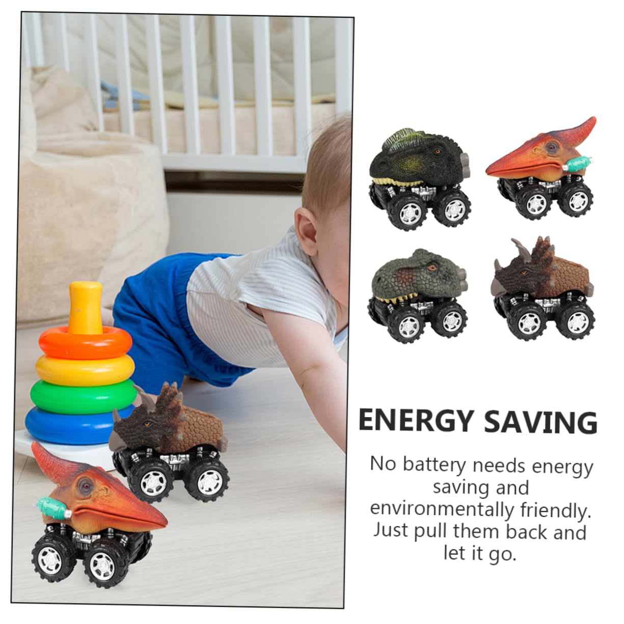 SKISUNO 4-Pack Dinosaur Pull Back Toy Cars - Cartoon Dinosaur Shaped Vehicles for Kids, Fun Plastic Dino Toys for Boys & Girls - Perfect for Birthday Gifts, Party Favors and Pretend Play