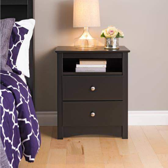 Sonoma Tall 2 Drawer Nightstand with Open Shelf - Modern Bedside Table for Bedroom, Living Room & Office - Multiple Finishes Available - Solid Wood Storage Cabinet with USB Charging Port