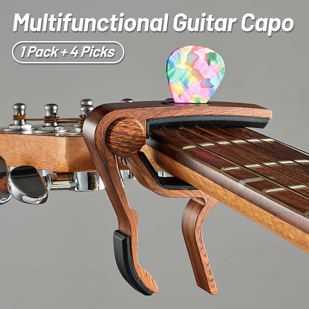 Premium Guitar Capo with Built-in Pick Holder - Clip-on Capo for Acoustic & Electric Guitars, Ukuleles - Perfect for Live Performances, Studio Recording & Practice Sessions